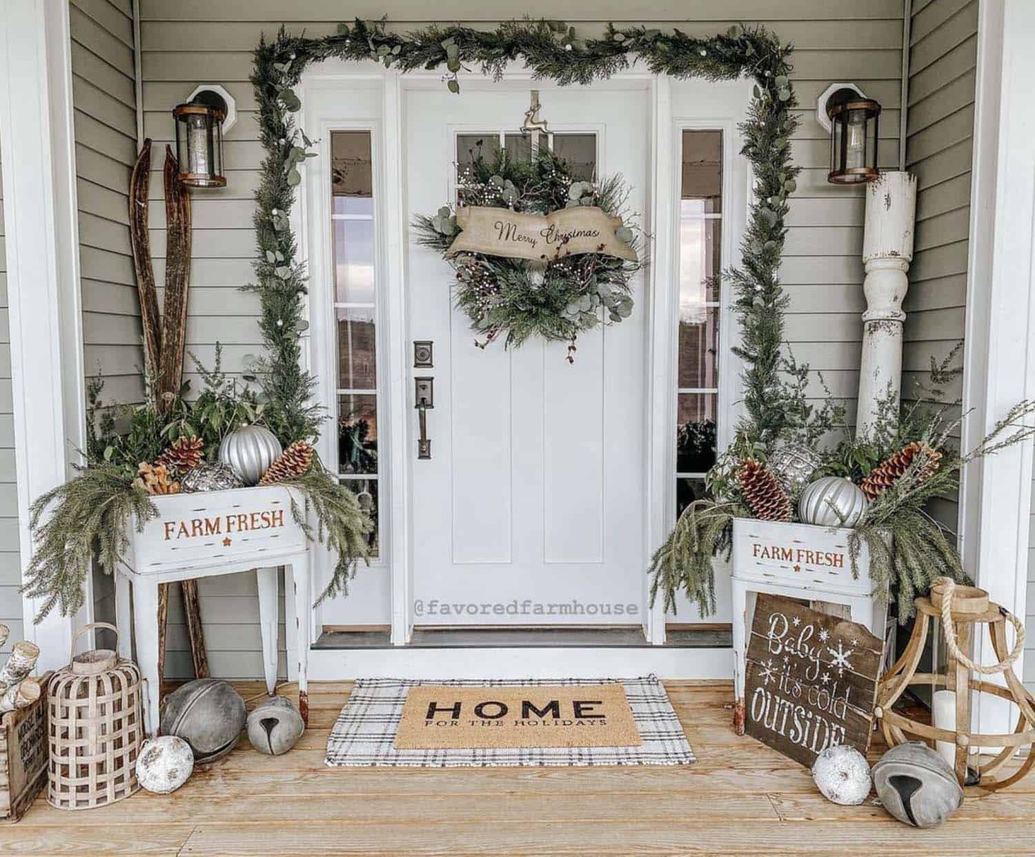rustic Christmas decor on the front porch