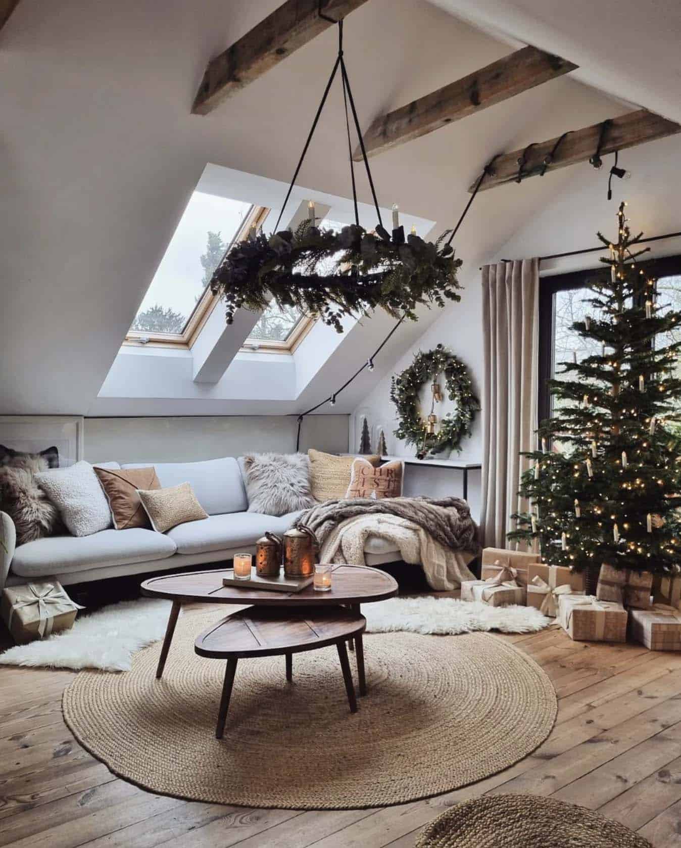 cozy living room with natural Christmas decor