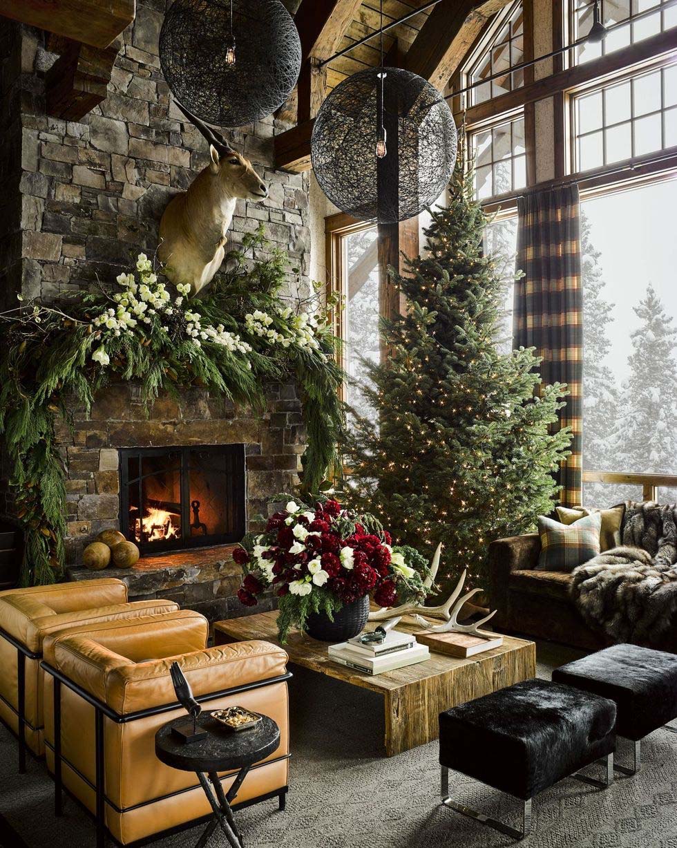 rustic living room with a Christmas tree