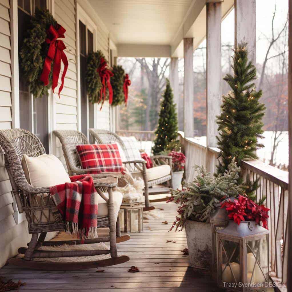 cozy and inviting front porch with wreaths, trees and lanterns