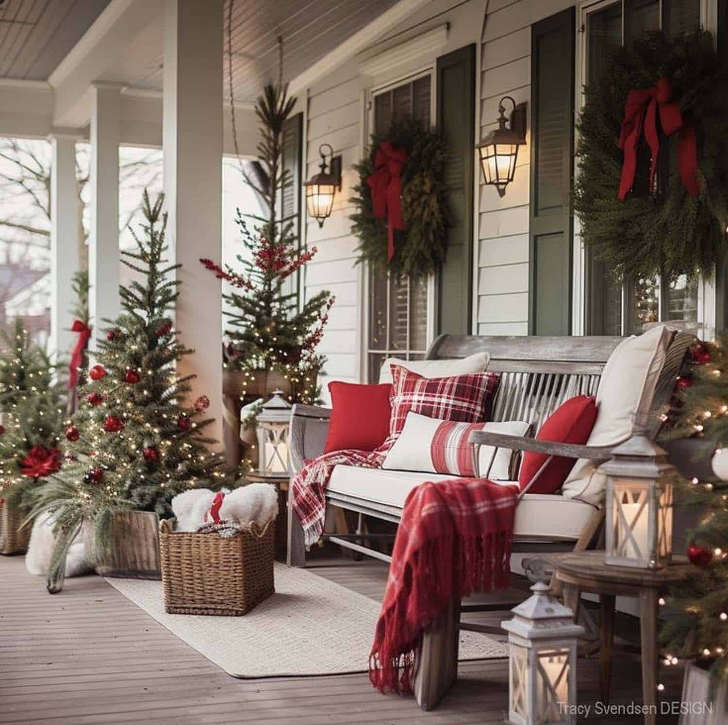 cozy and inviting front porch with wreaths, trees and lanterns