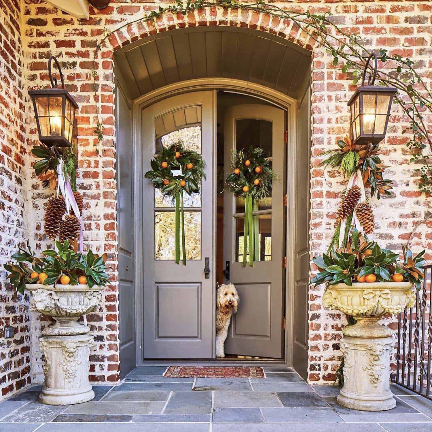 beautiful and classic southern style Christmas decorated front porch