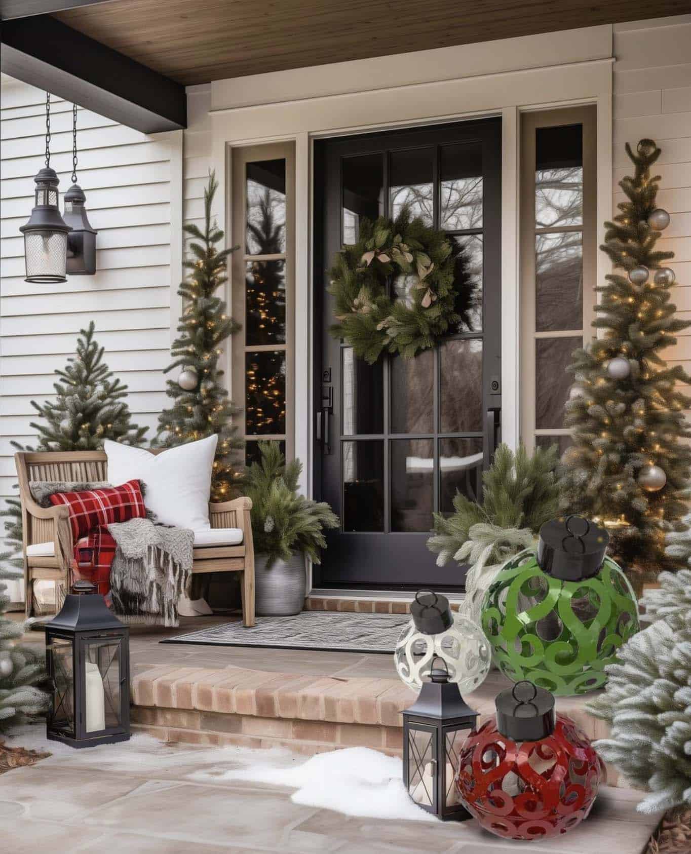 front porch with Christmas trees, oversize metal ornaments and lanterns