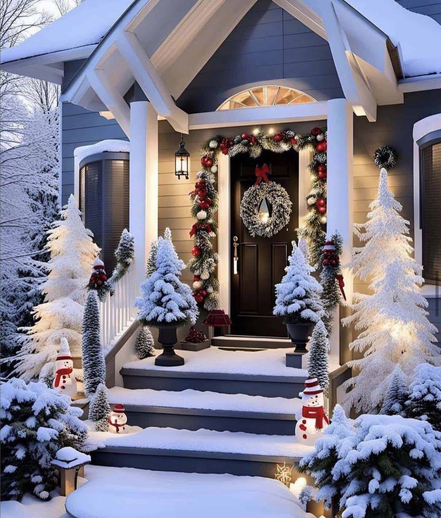 front porch with snowy Christmas trees, garland and a wreath on the front door