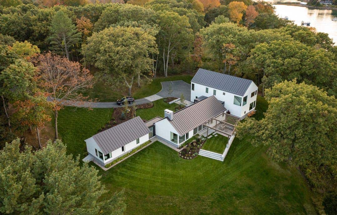 contemporary coastal home exterior aerial view