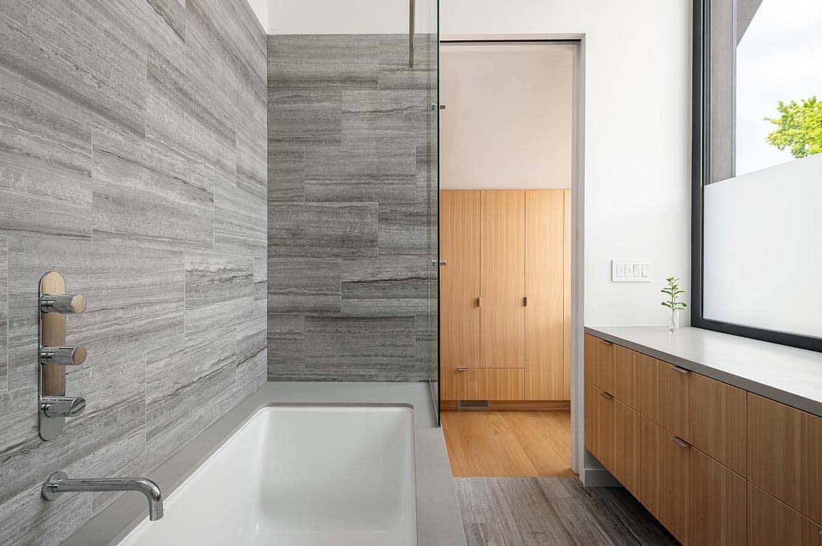contemporary bathroom with an integrated tub