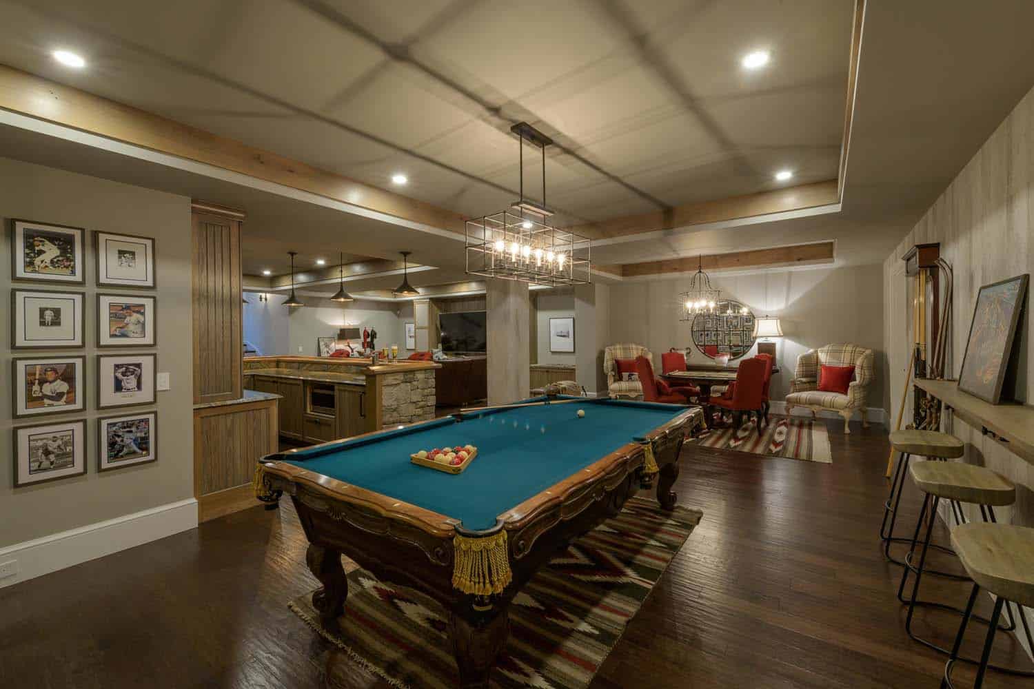 contemporary lower level billiards table and home bar