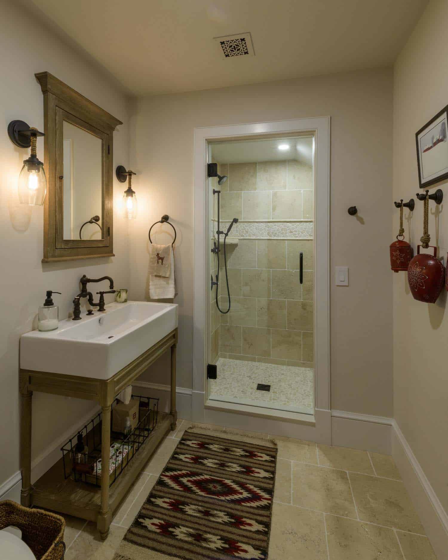 contemporary bathroom with freestanding vanity and shower
