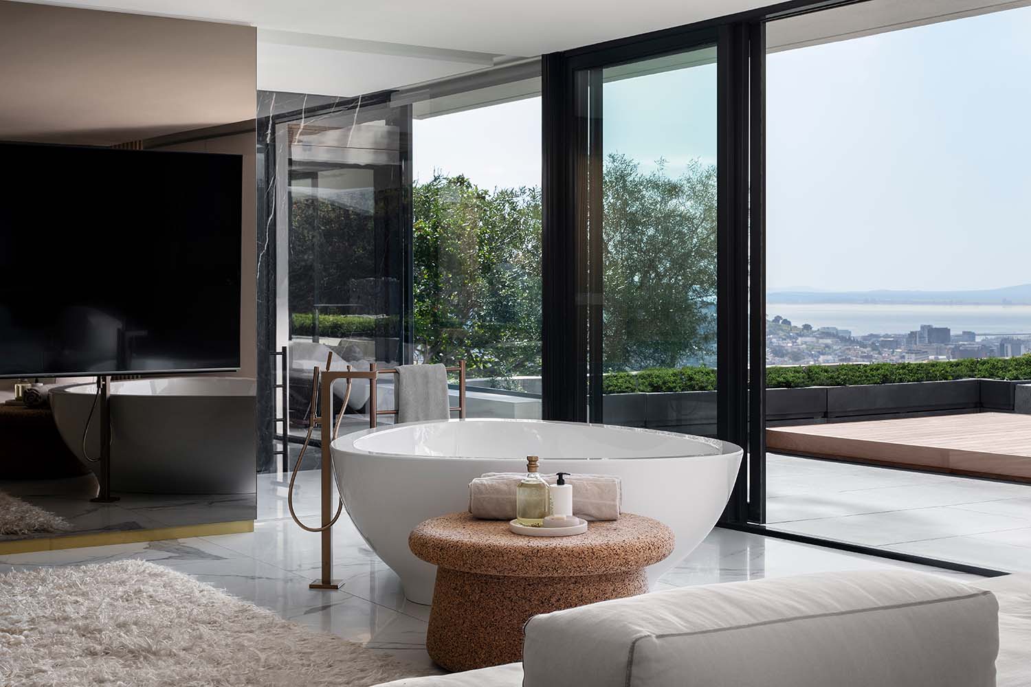 contemporary bathroom with a freestanding tub