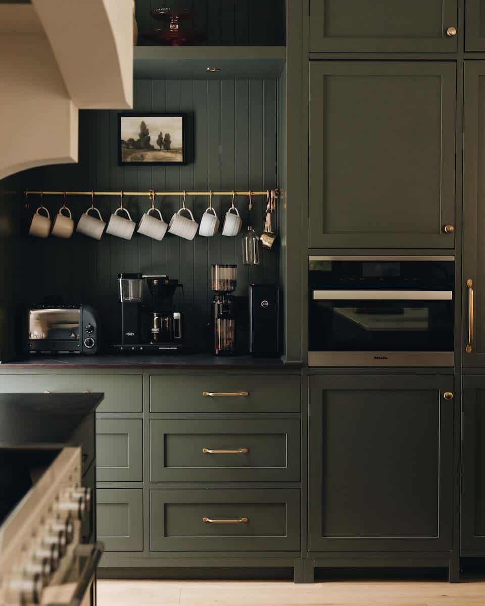 modern kitchen with olive green cabinets