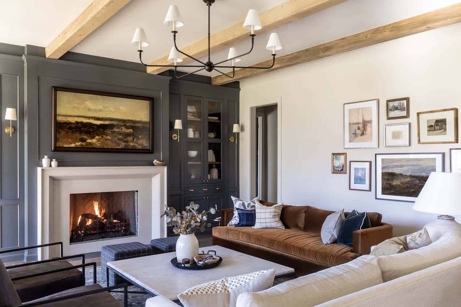 transitional living room with a fireplace