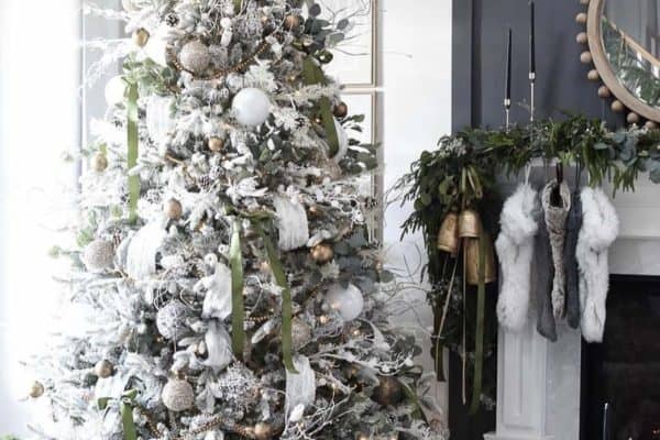 neutral flocked Christmas tree decorations