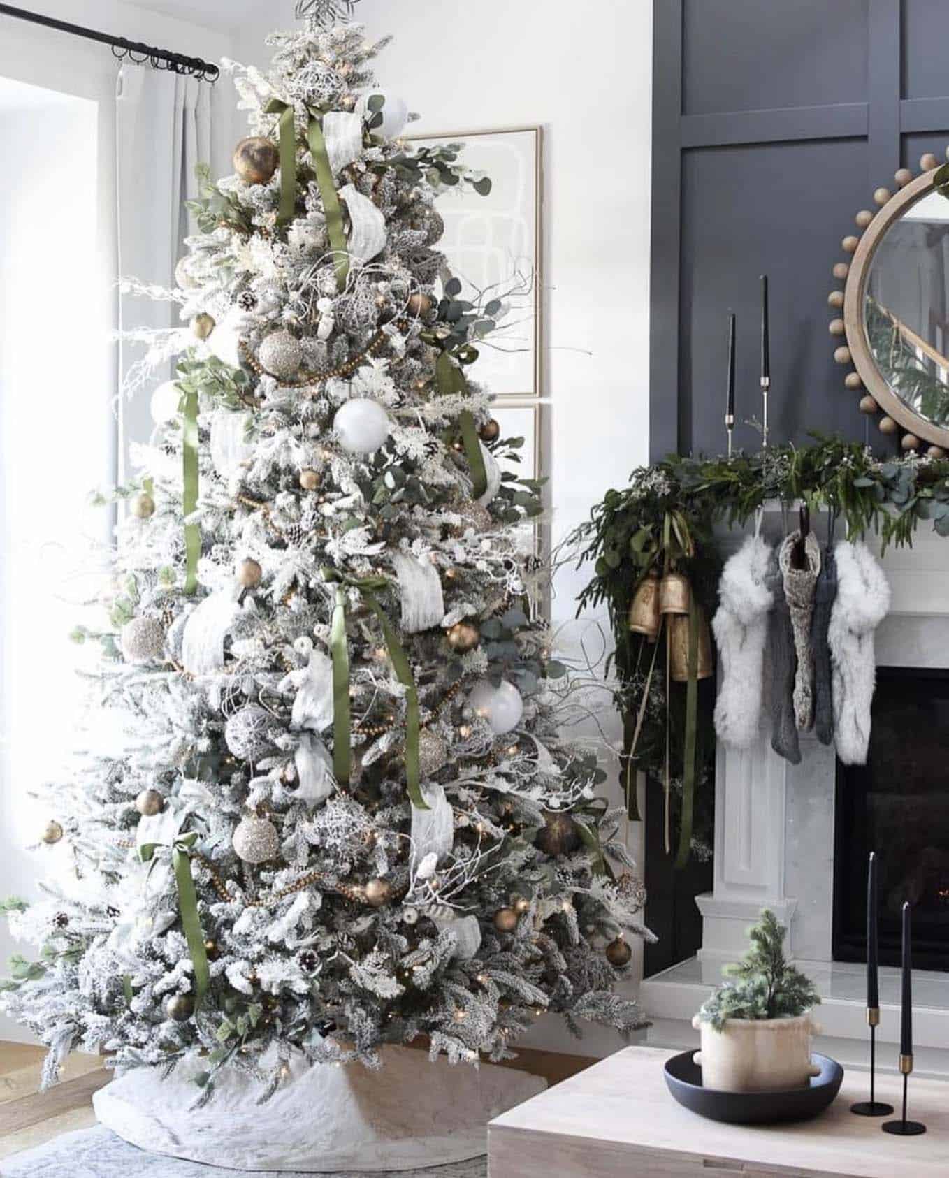 neutral flocked Christmas tree decorations 