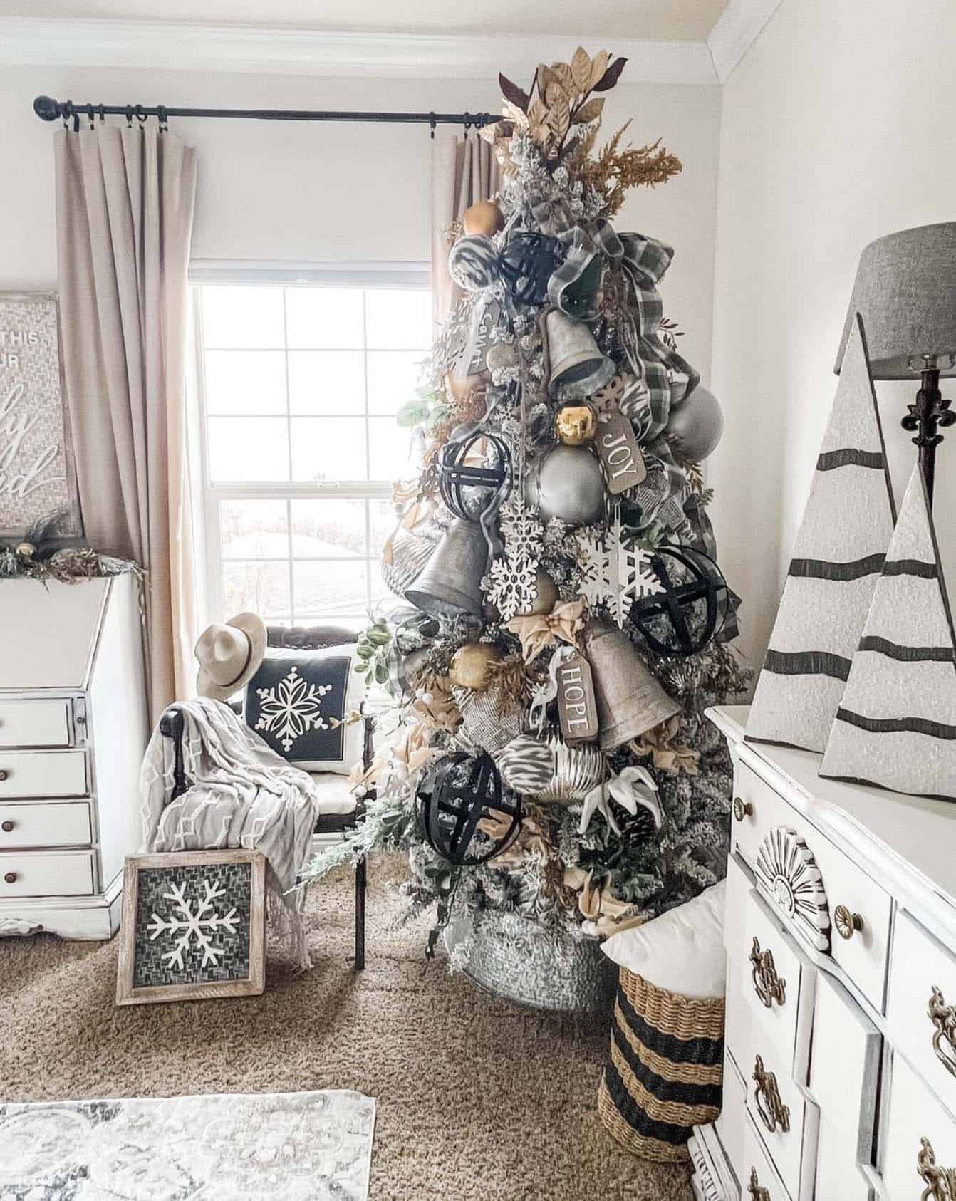 elegant black and white theme Christmas tree with large silver bell ornaments