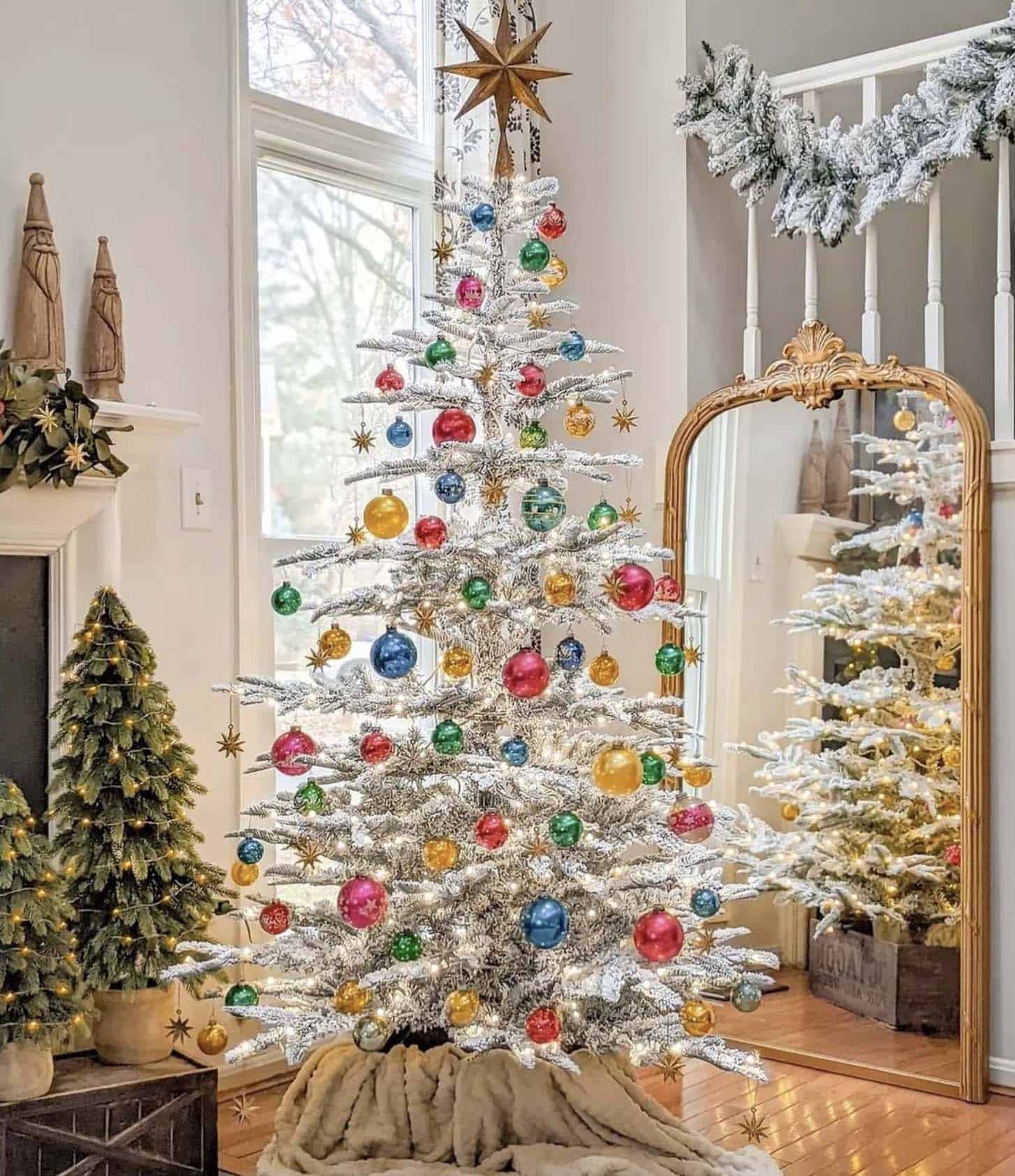 flocked Christmas tree with colorful ornaments