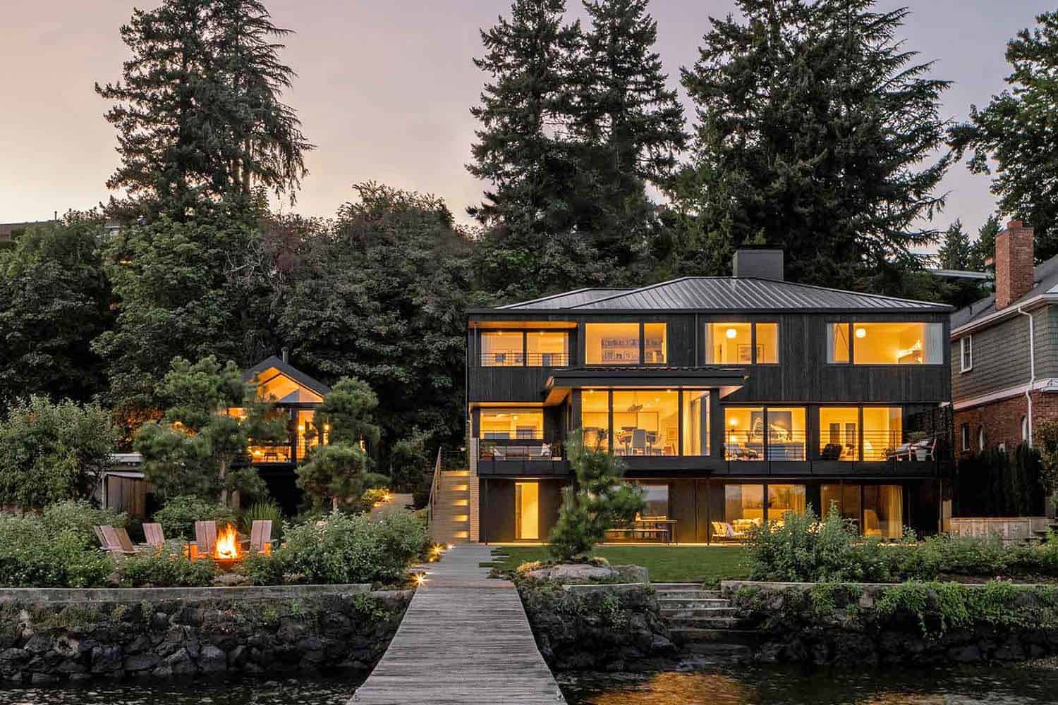 An absolutely stunning Seattle lake house with burnt wood siding