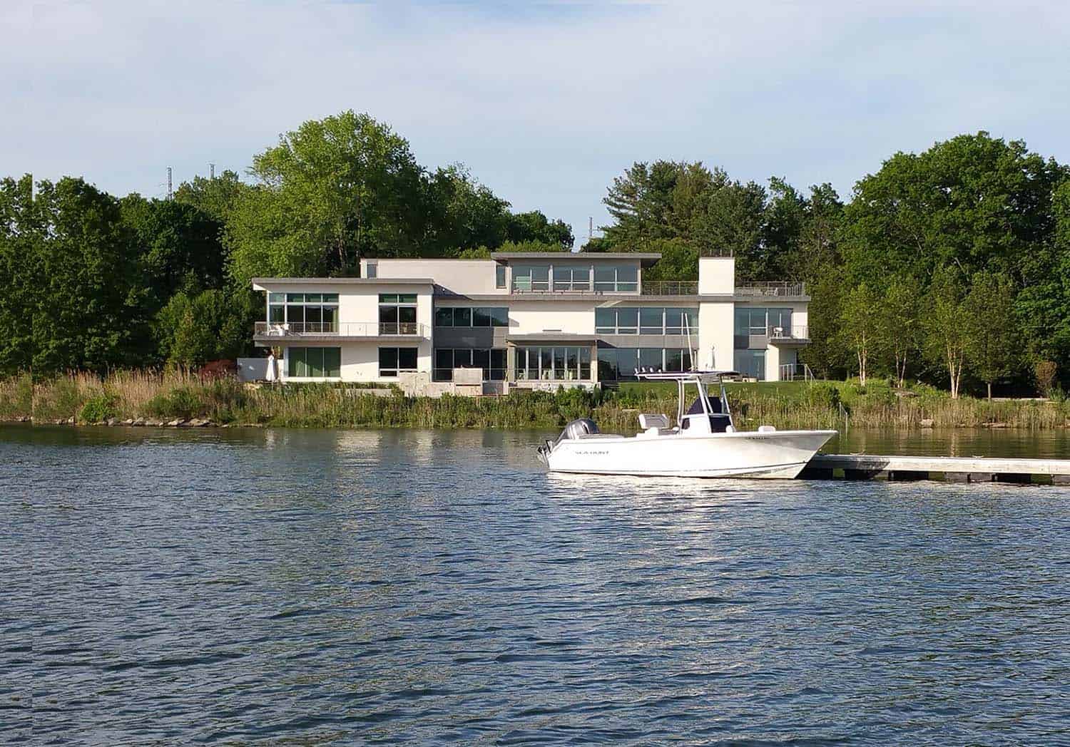 modern home exterior view from the water
