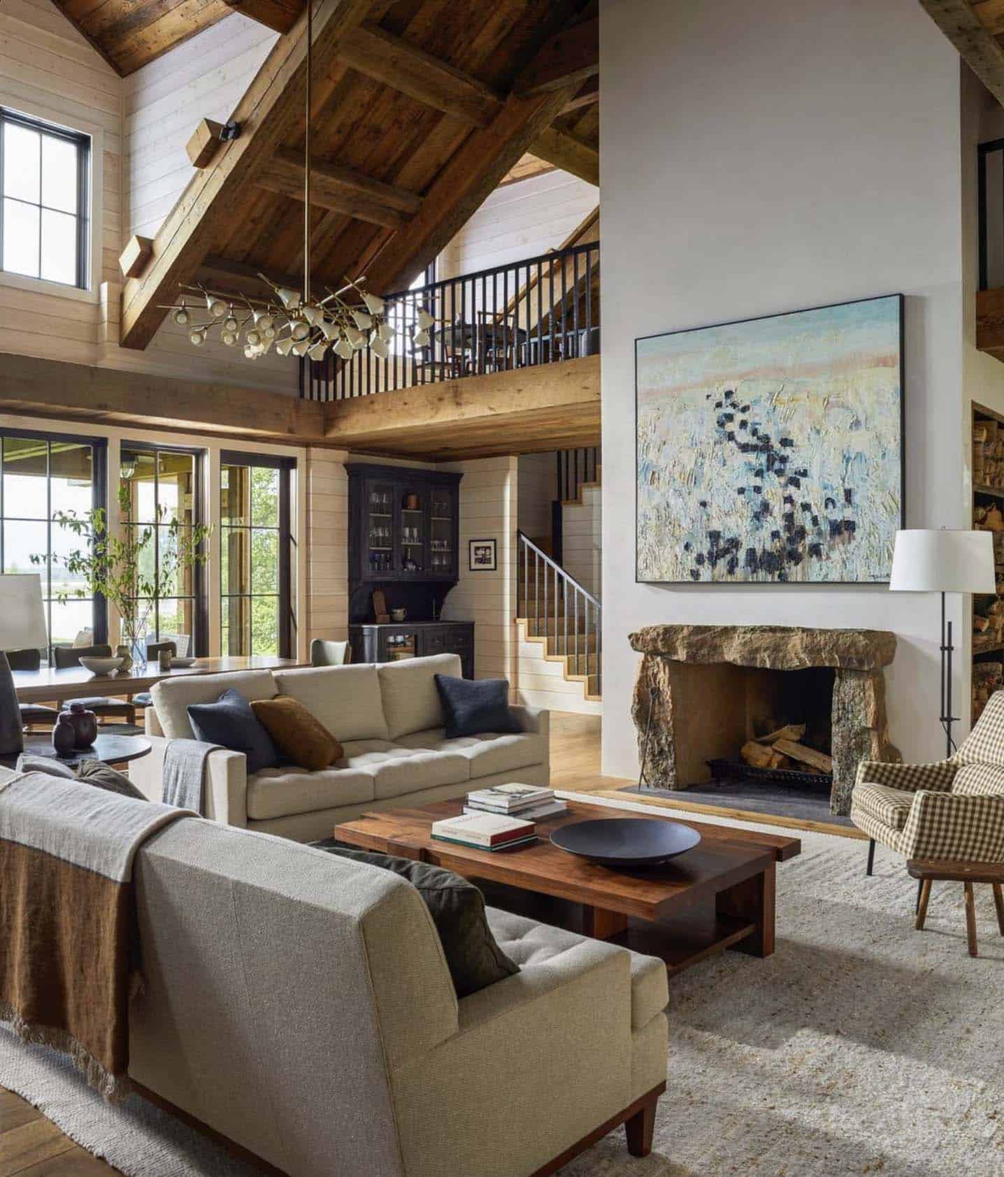 modern rustic living room with tall ceilings