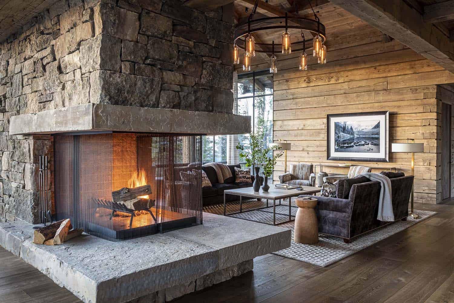 modern rustic dual sided fireplace