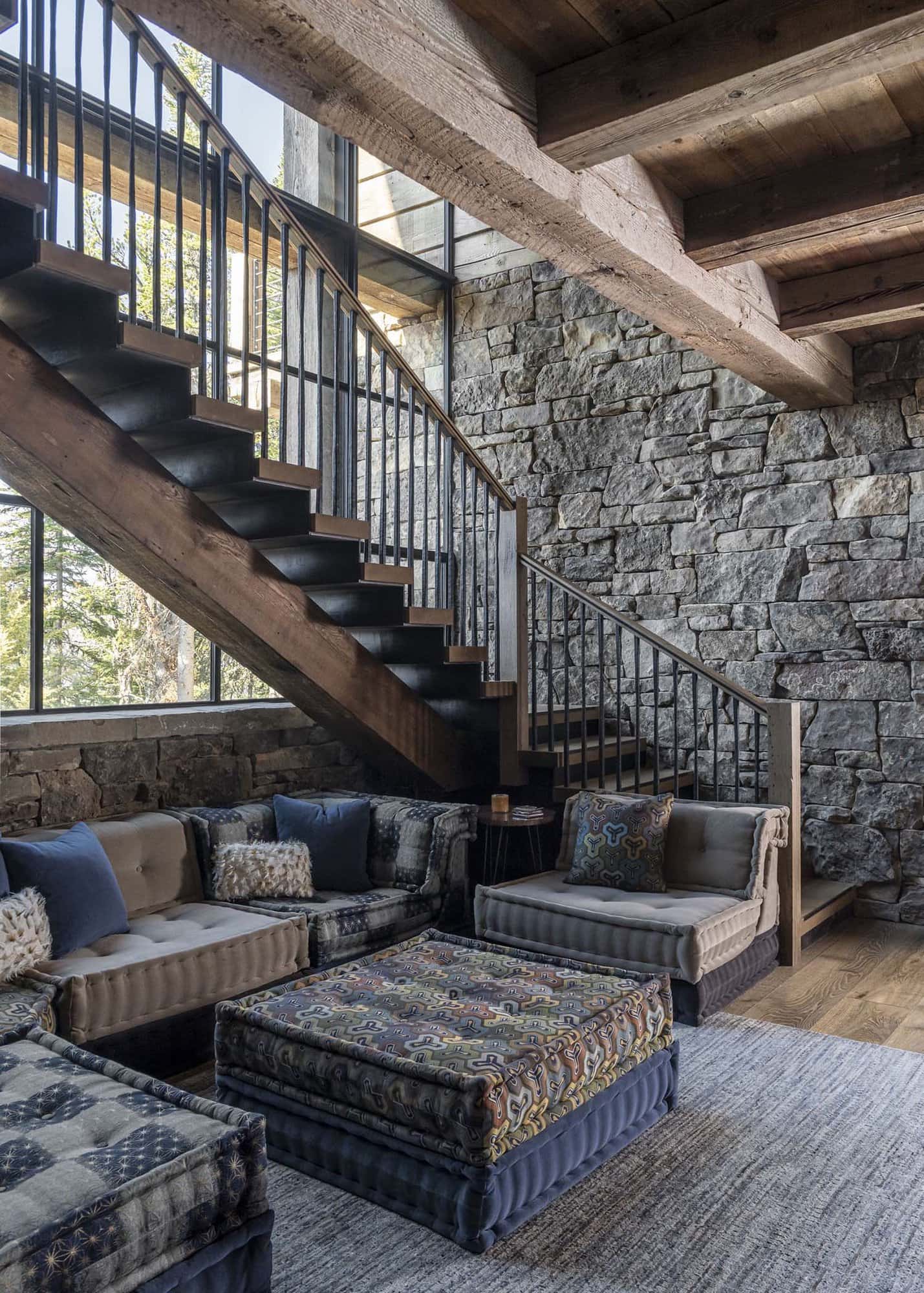 modern rustic staircase with a sitting area