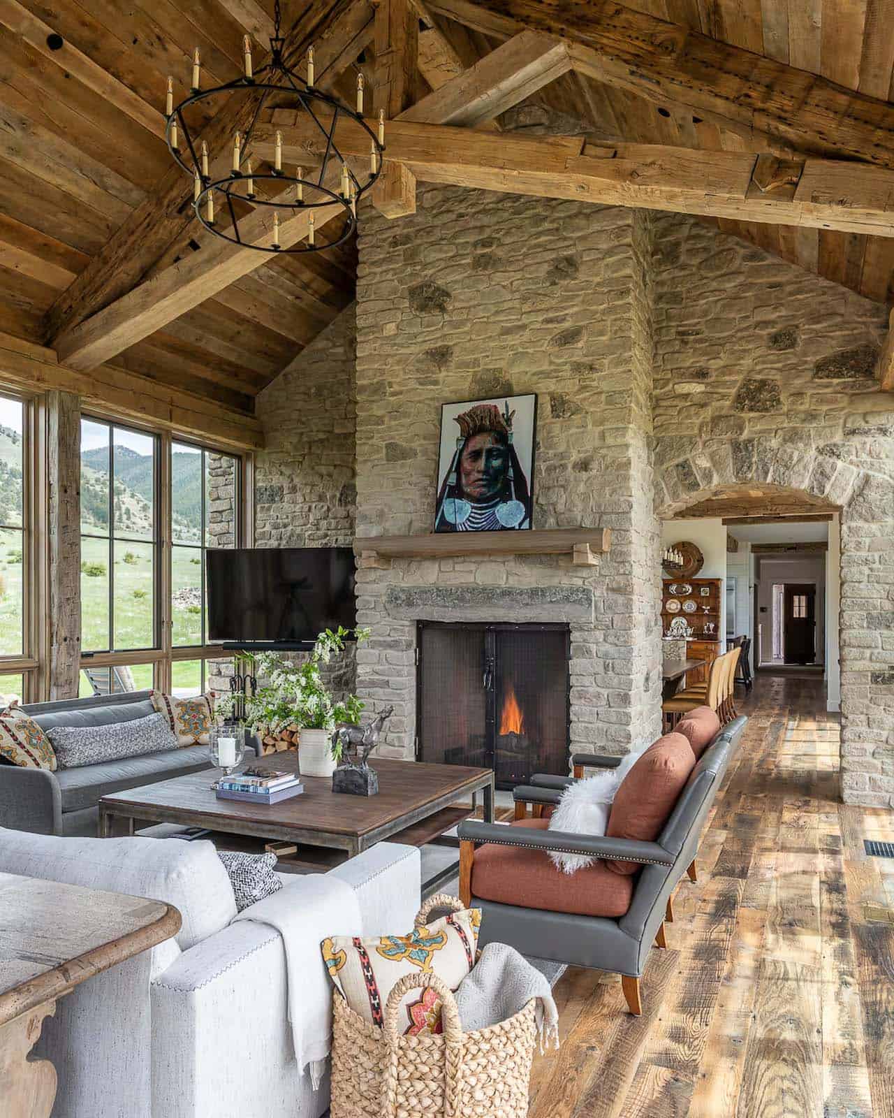 modern rustic living room with a fireplace