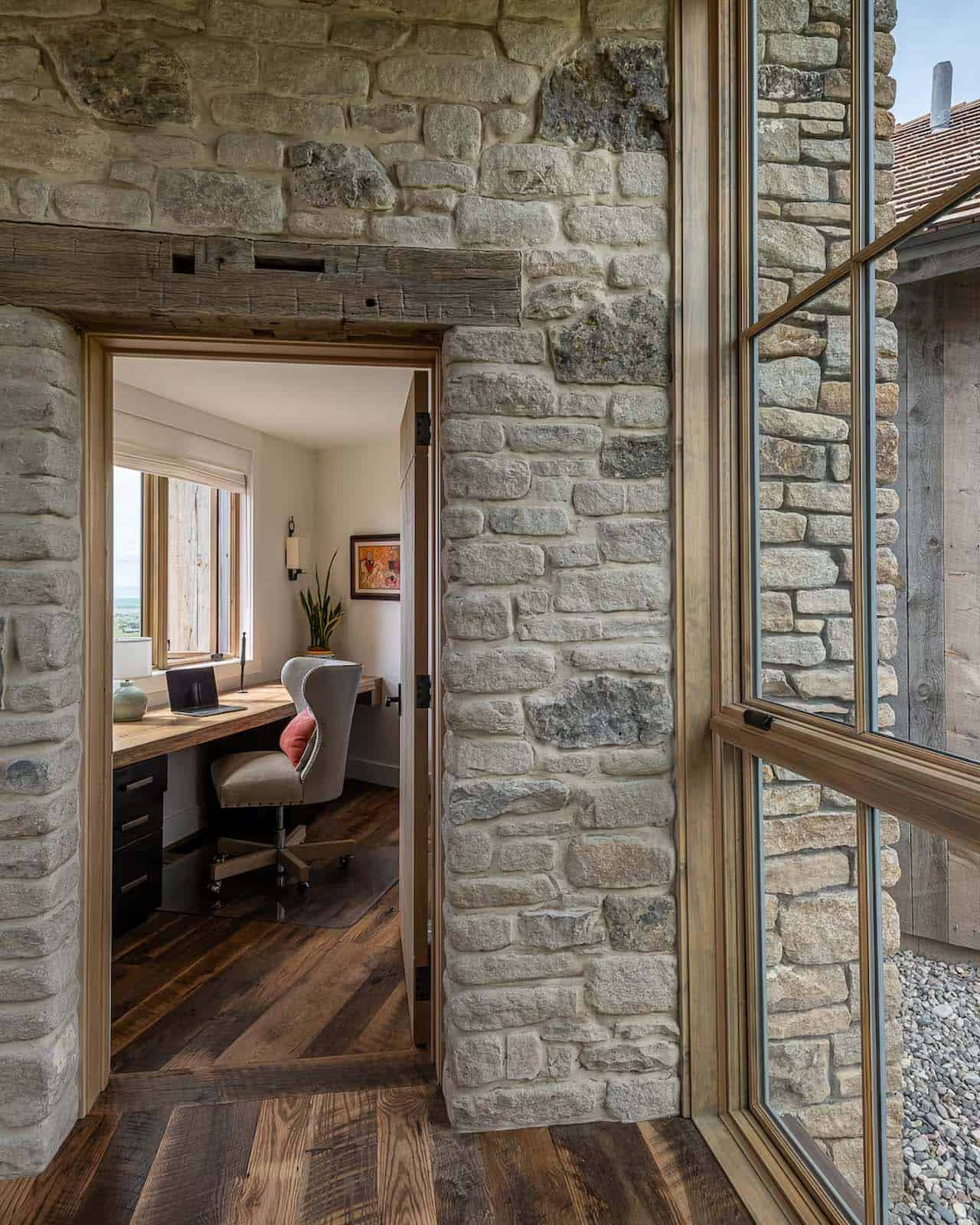 modern rustic hallway leading into a home office