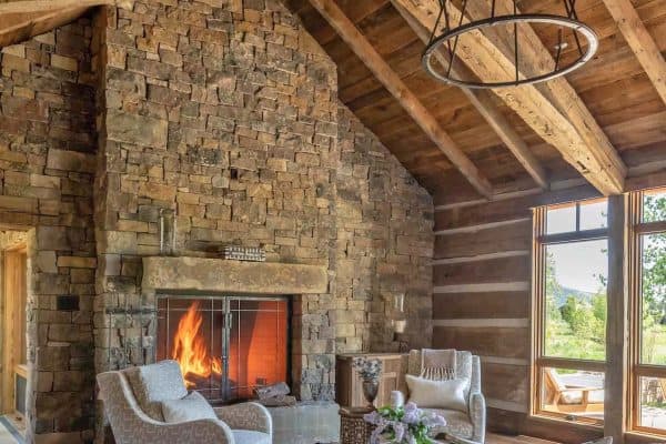 modern rustic living room with a fireplace