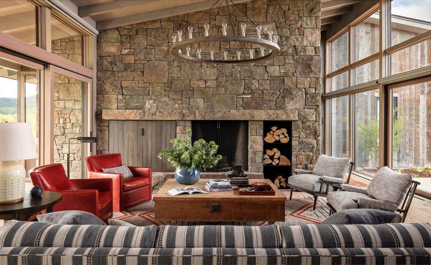 modern rustic living room with a fireplace and log storage