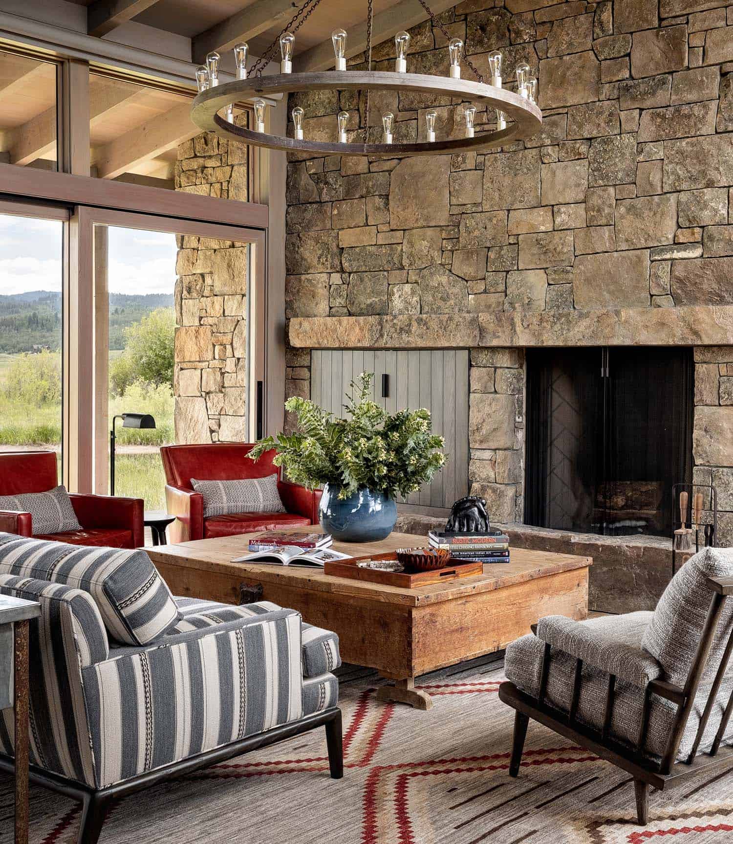 modern rustic living room with a fireplace and large windows