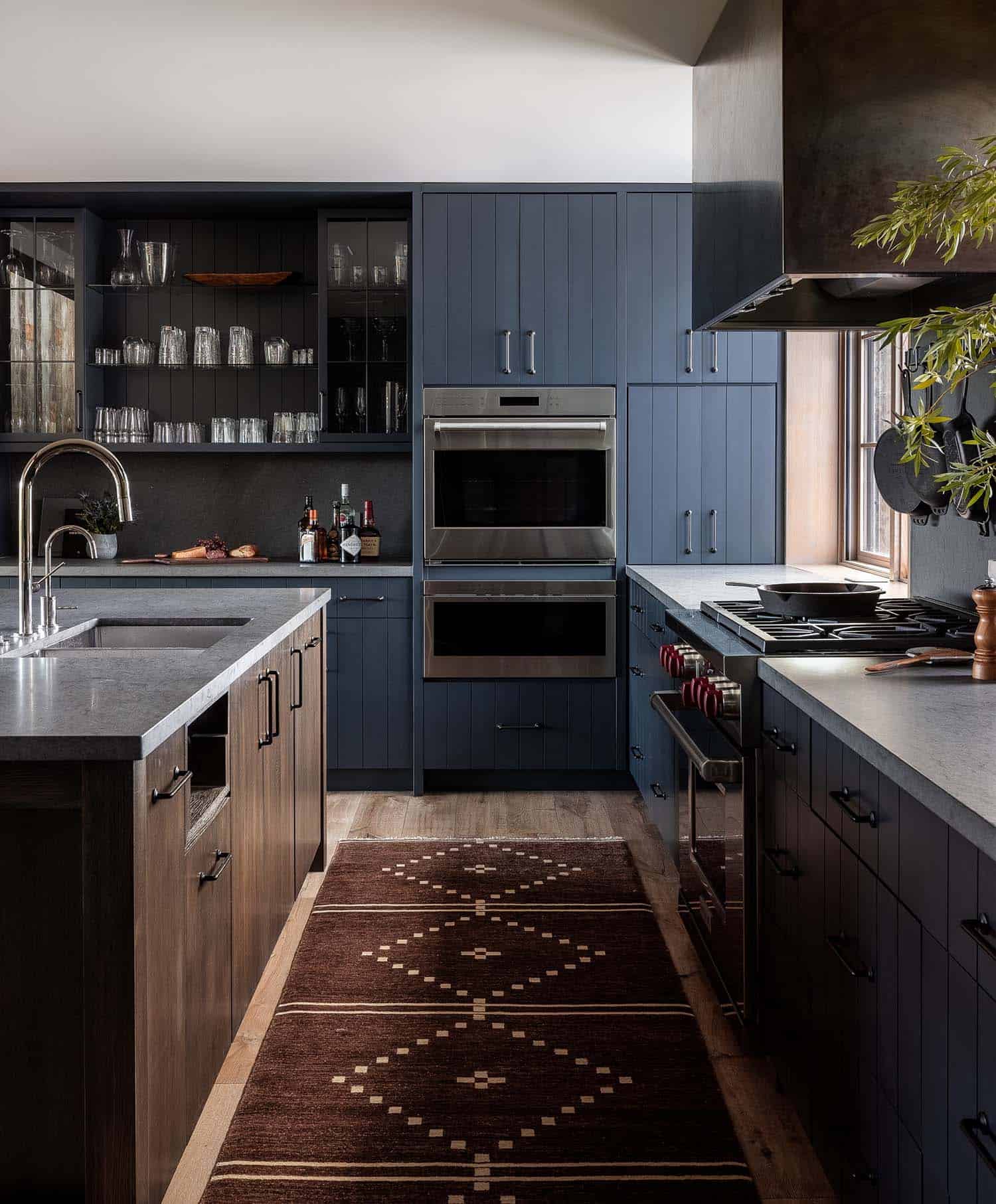 modern rustic kitchen with blue and brown cabinets