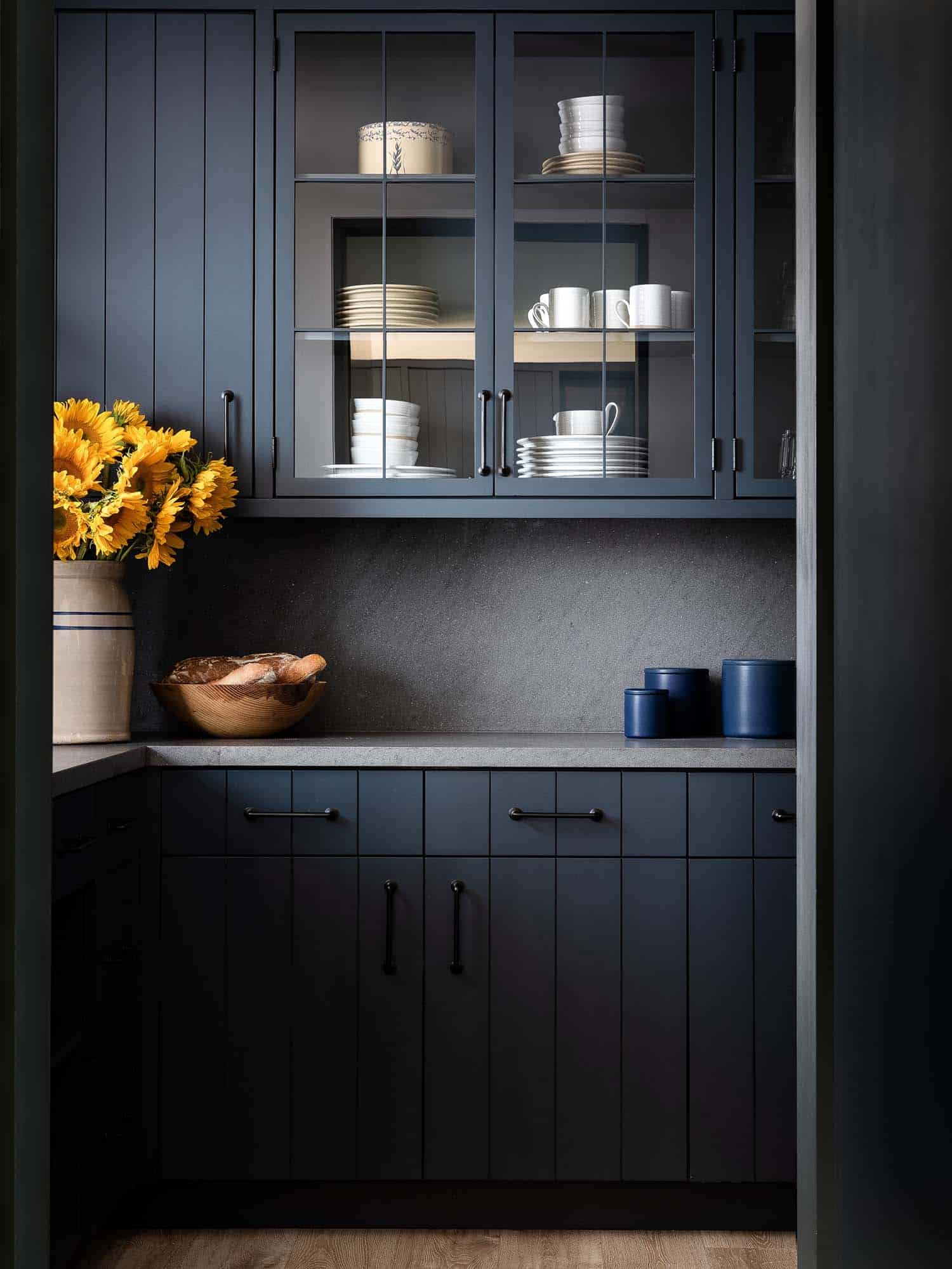 modern rustic kitchen pantry with blue cabinets
