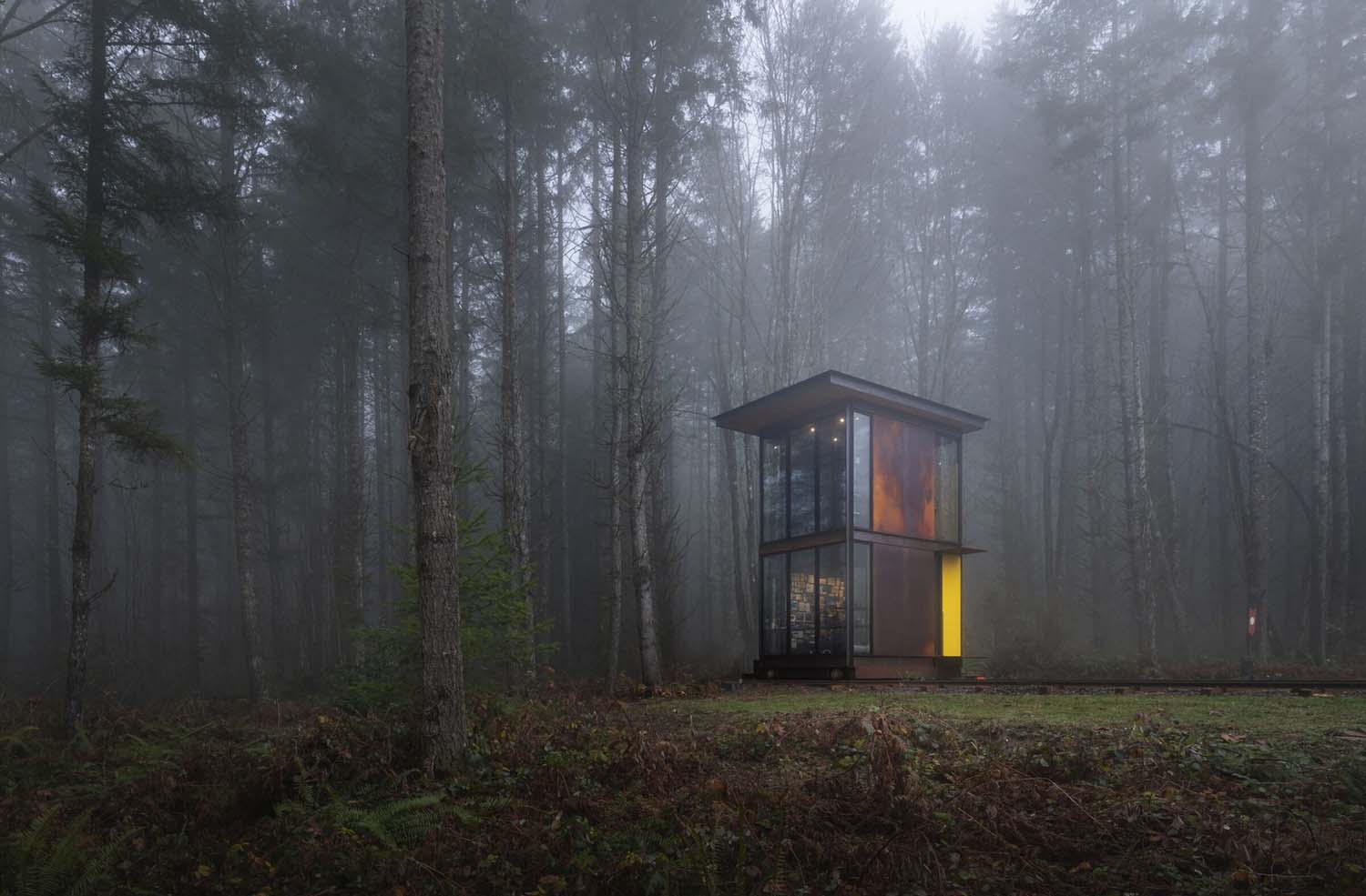 modern steel tower home office exterior in the forest on a foggy day