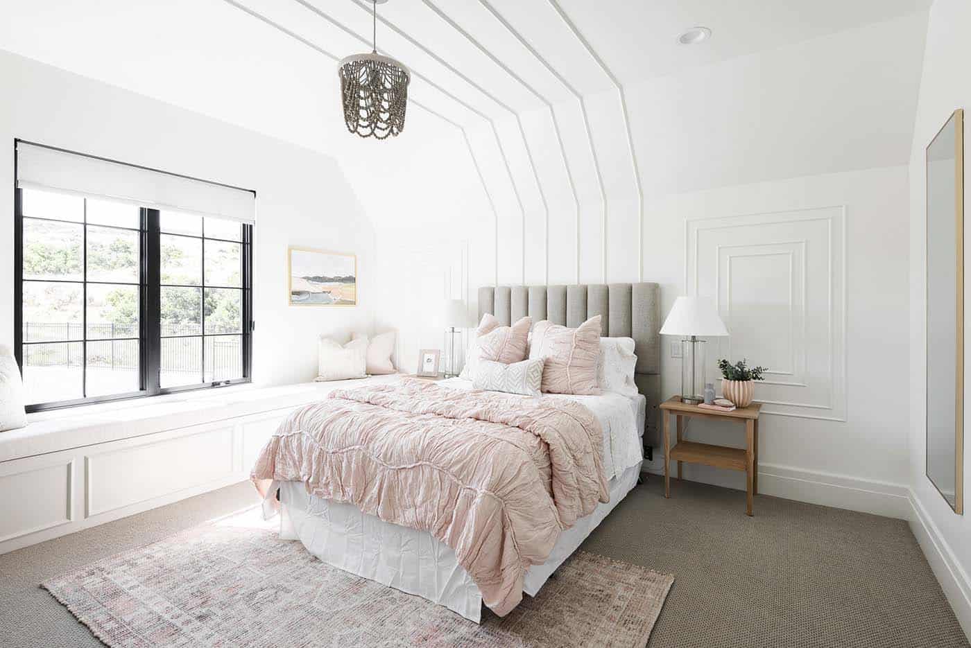 modern girls bedroom with a built-in window seat
