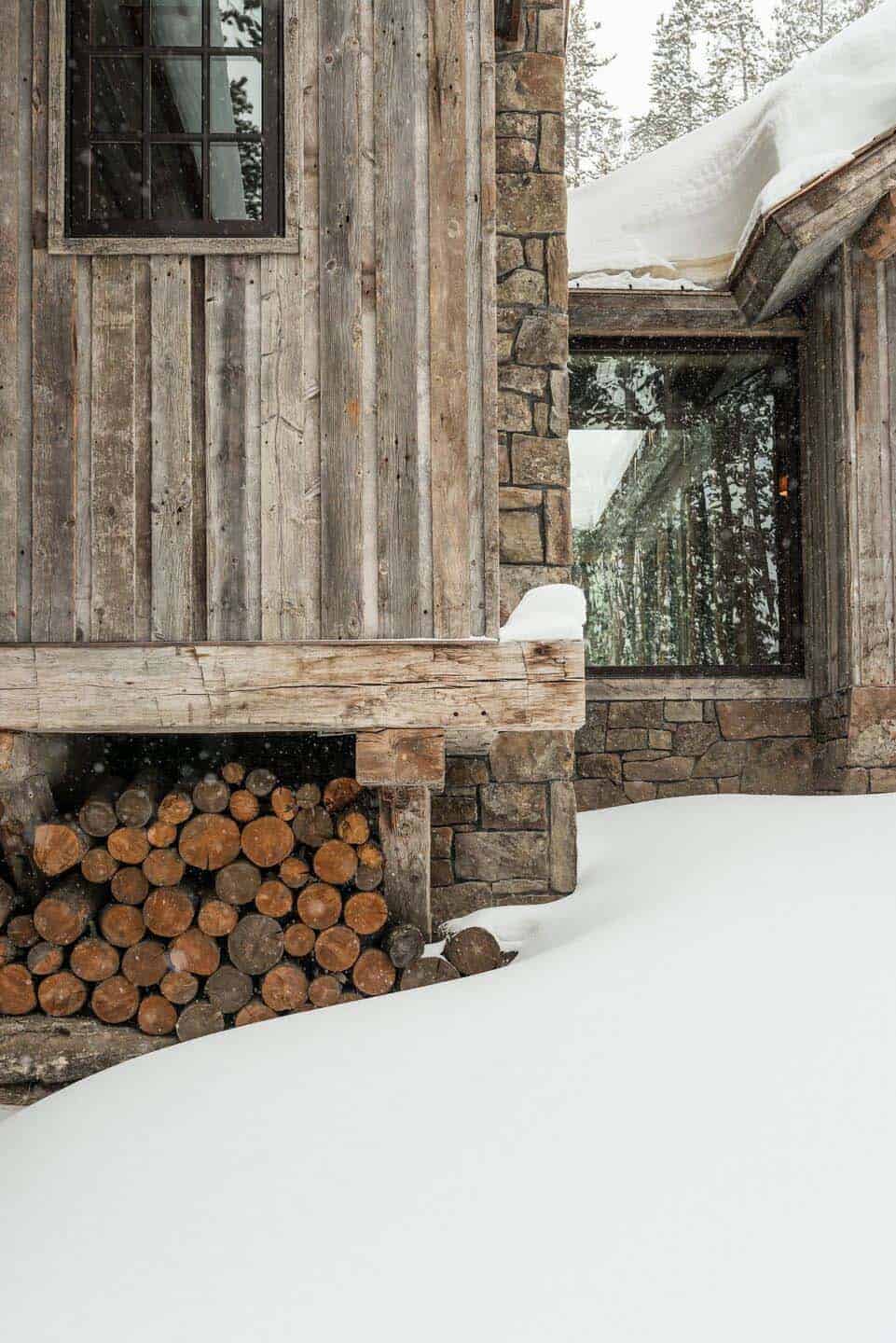 rustic mountain cabin exterior with firewood storage