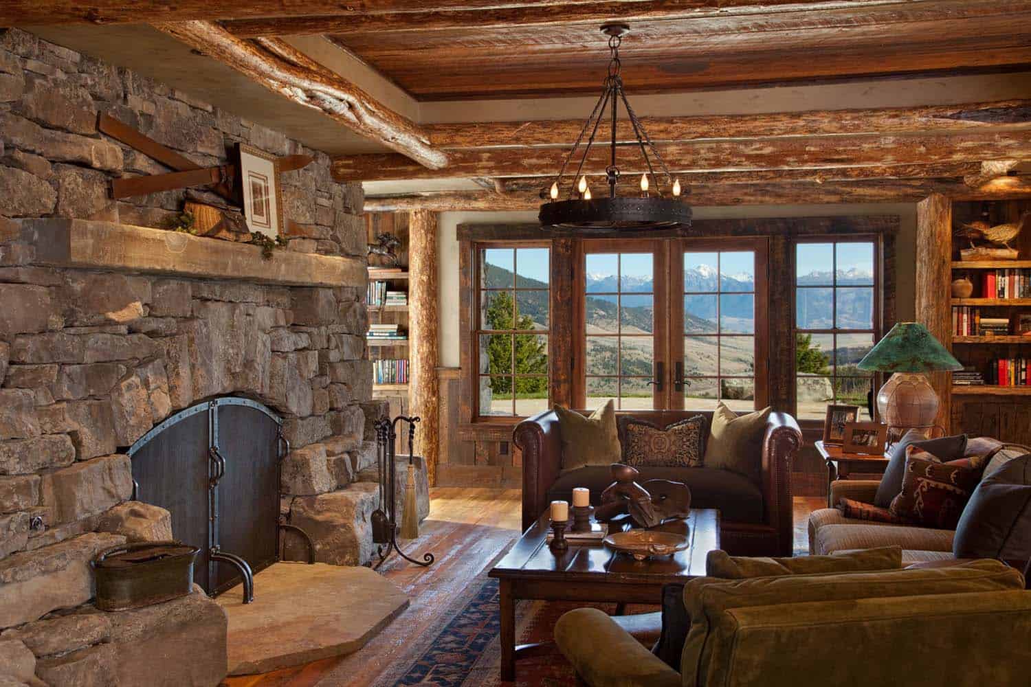 rustic family room with a fireplace