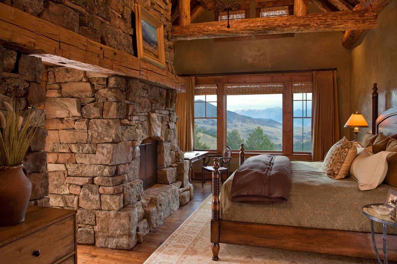 rustic bedroom with a fireplace