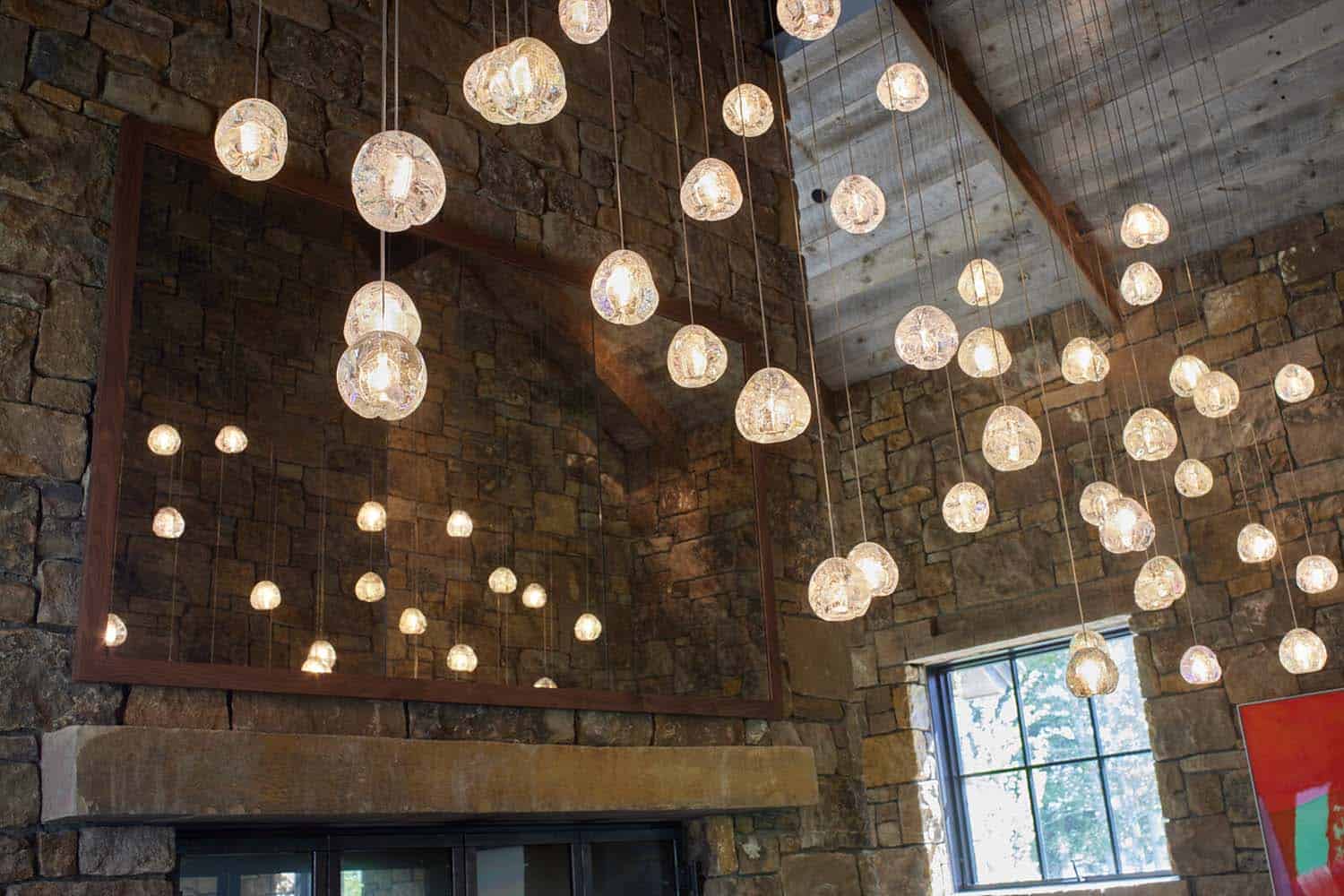 rustic dining room blown glass ceiling light fixture detail