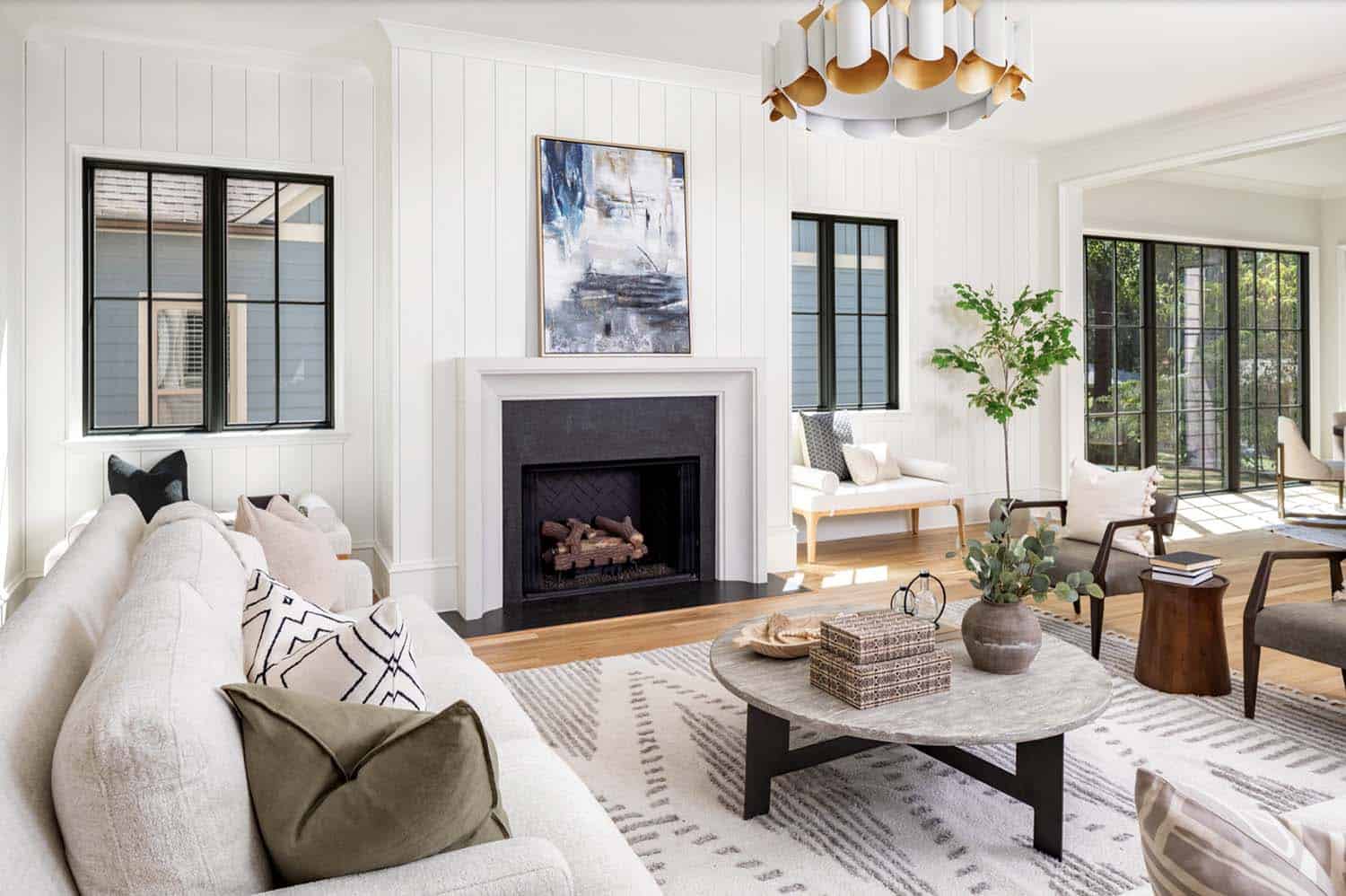 transitional style living room with a fireplace