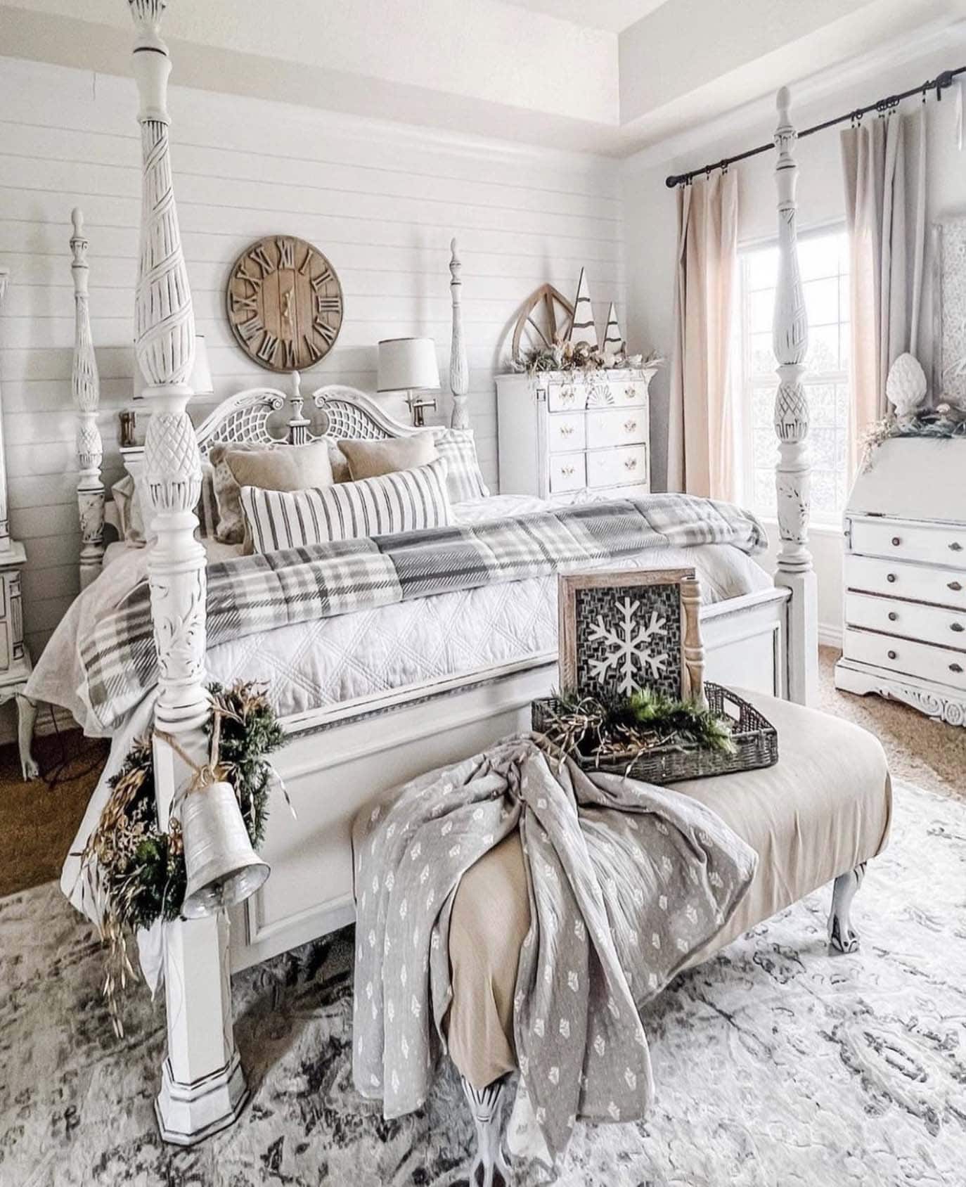 christmas bedroom decorated in winter whites