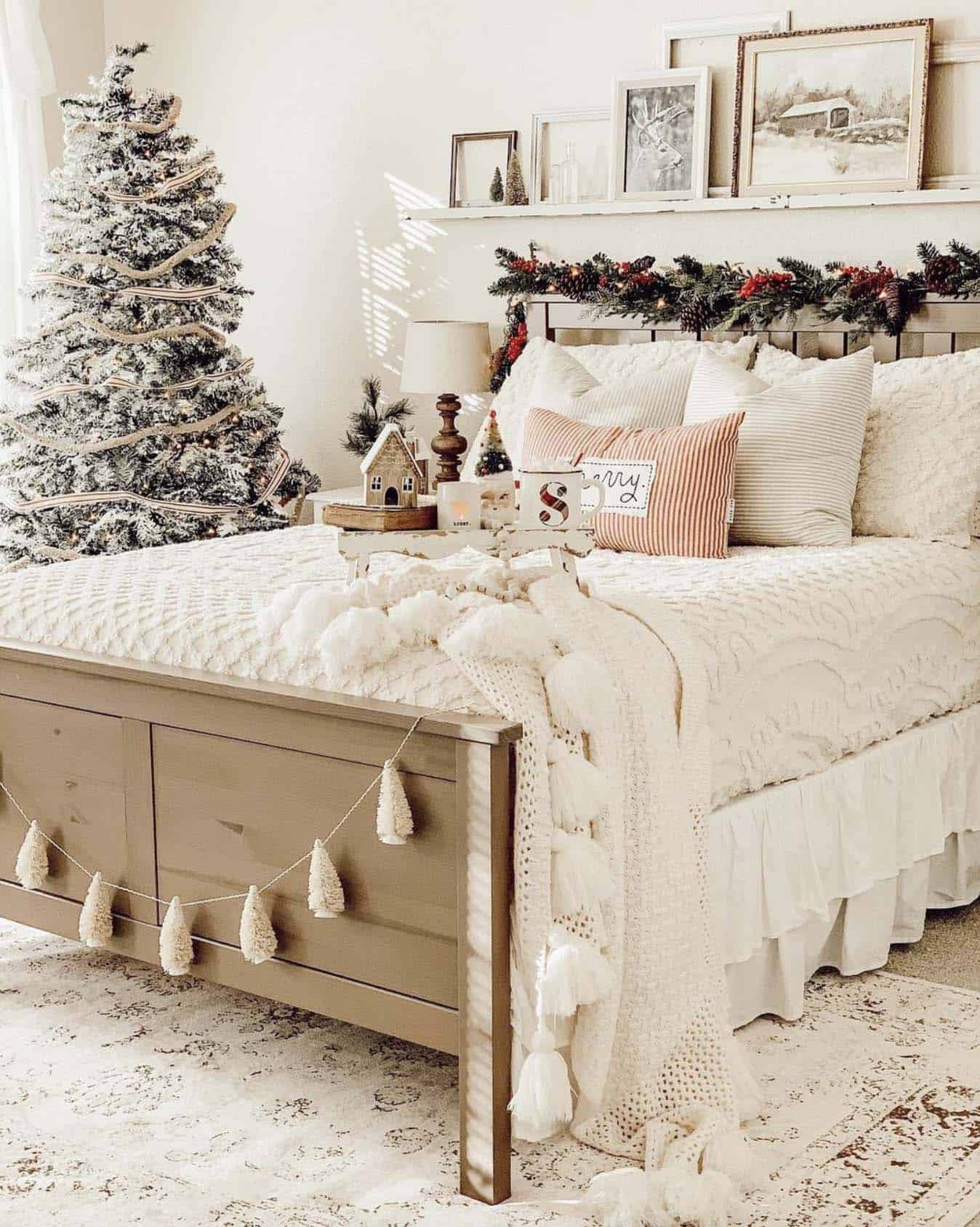 Christmas bedroom decorated with cozy winter whites