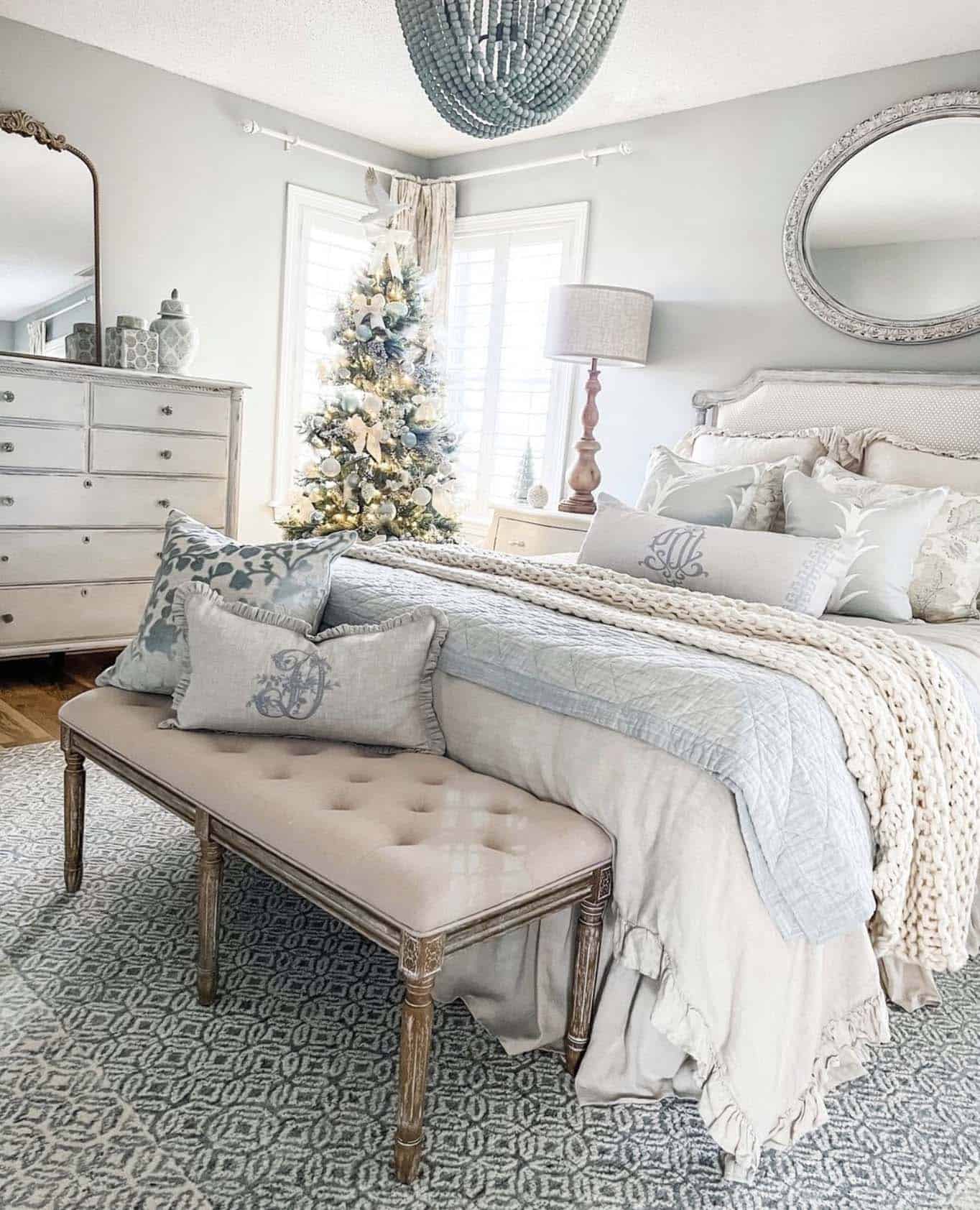 elegant Christmas decorated bedroom with a neutral color palette