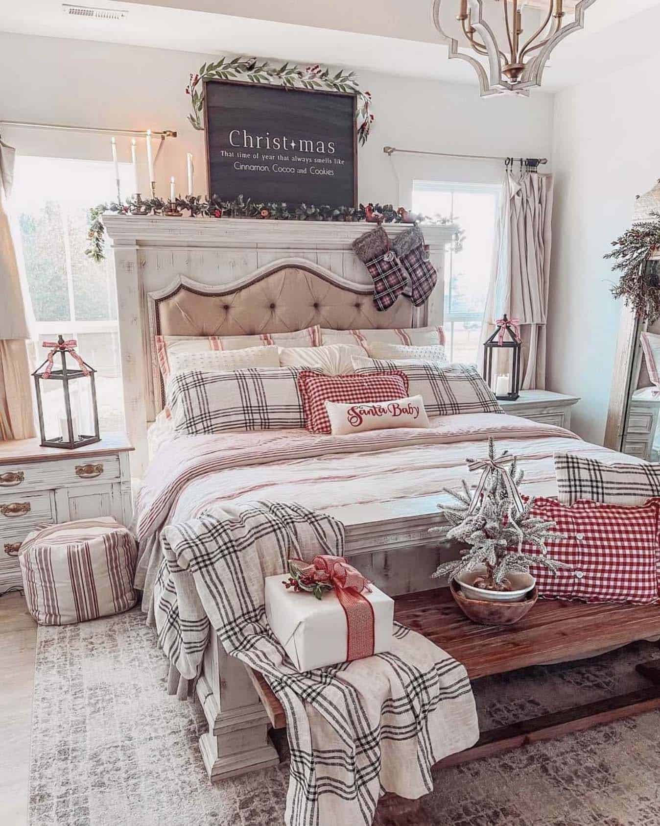 farmhouse style bedroom decorated for christmas