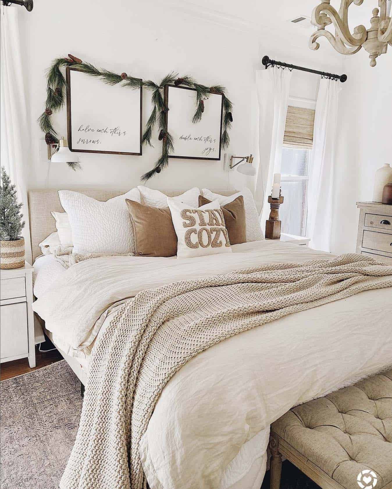 neutral bedroom scheme decorated for christmas