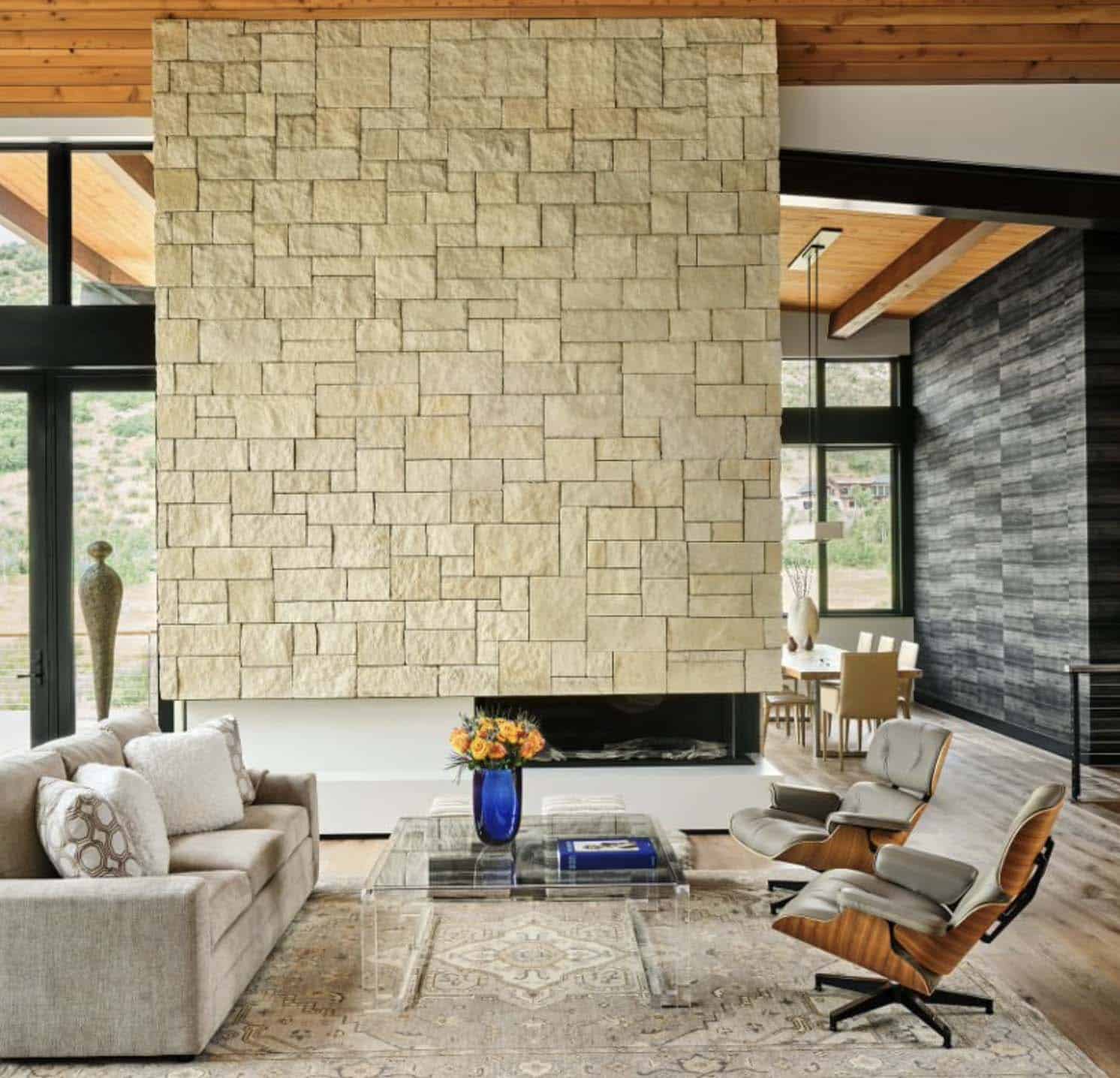 casual modern living room with a fireplace