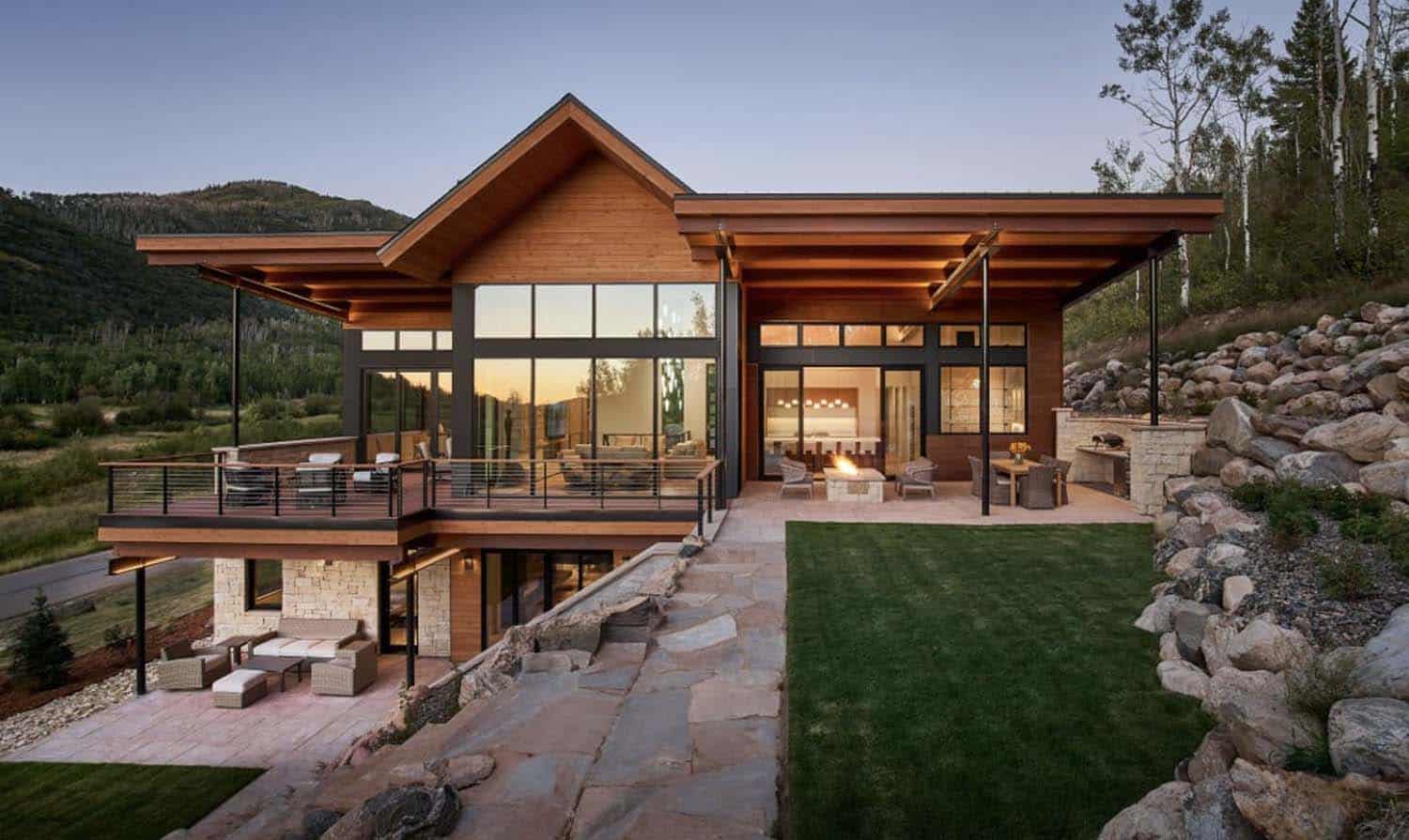 casual modern mountain home exterior patio