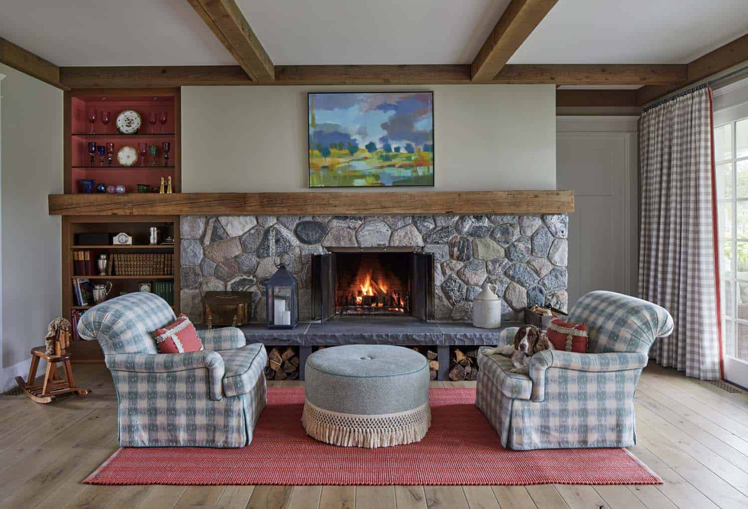 farmhouse family room with a fireplace