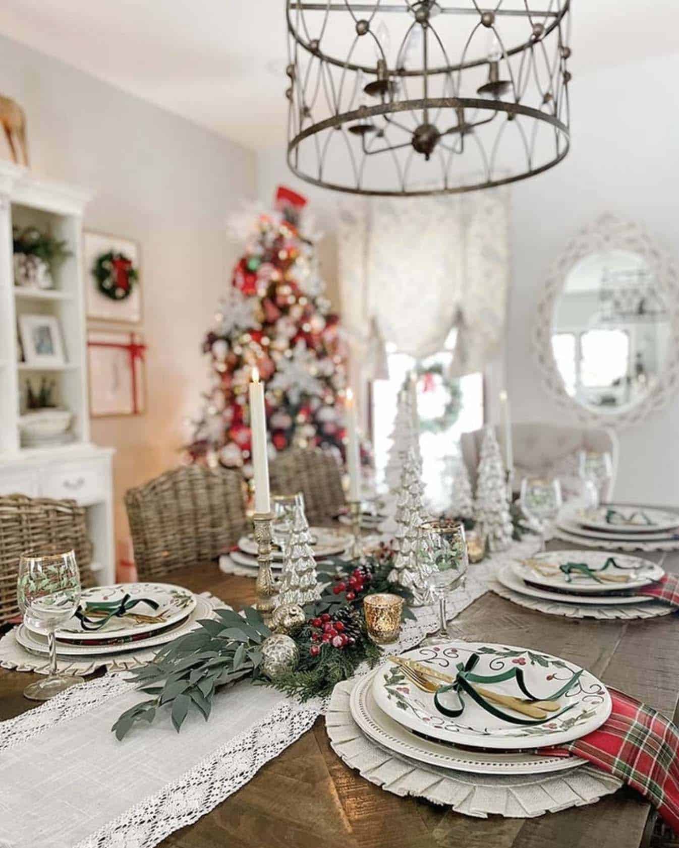whimsical dining table with red and white Christmas decorations