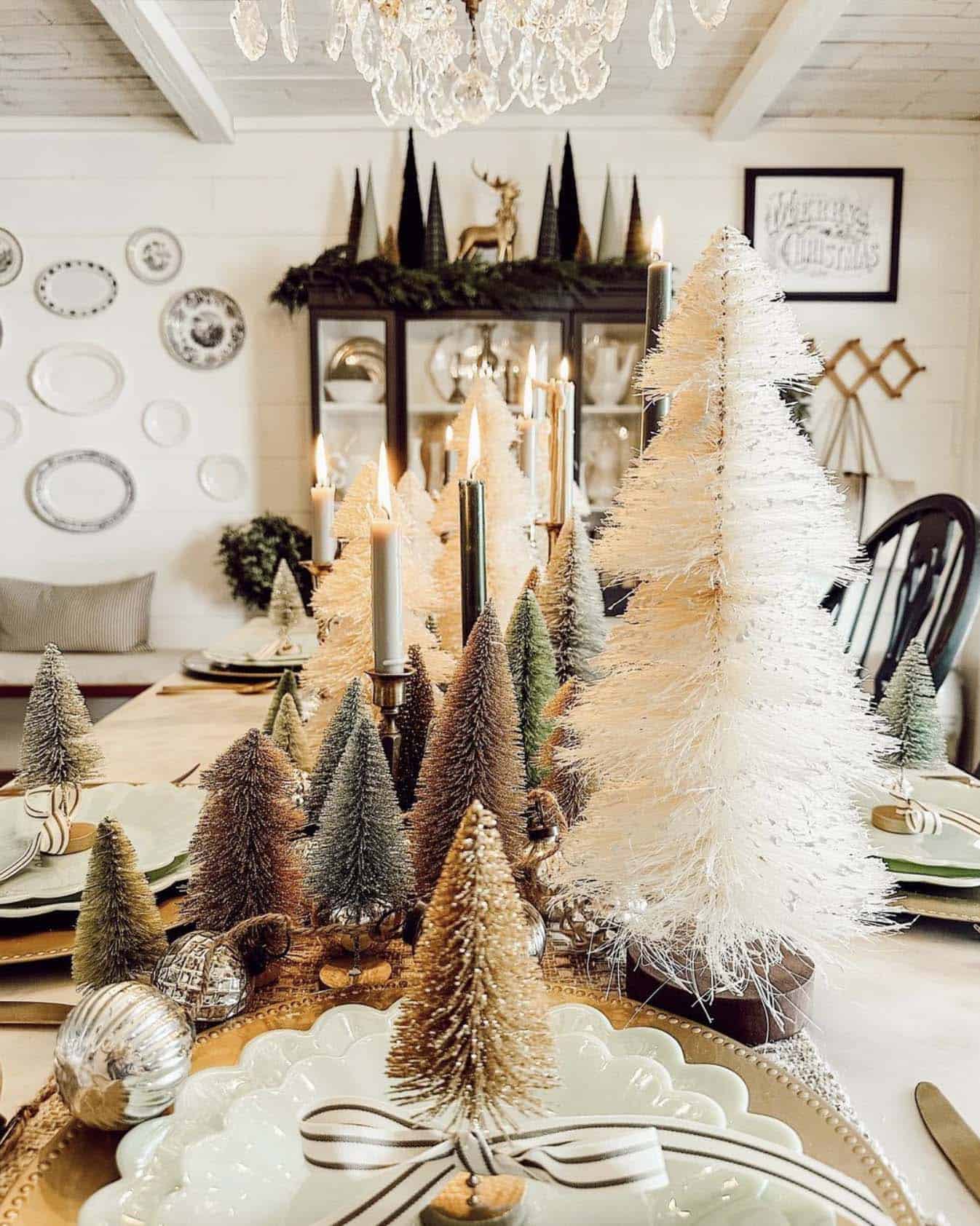 Christmas dining table with bottle brush trees as the centerpiece