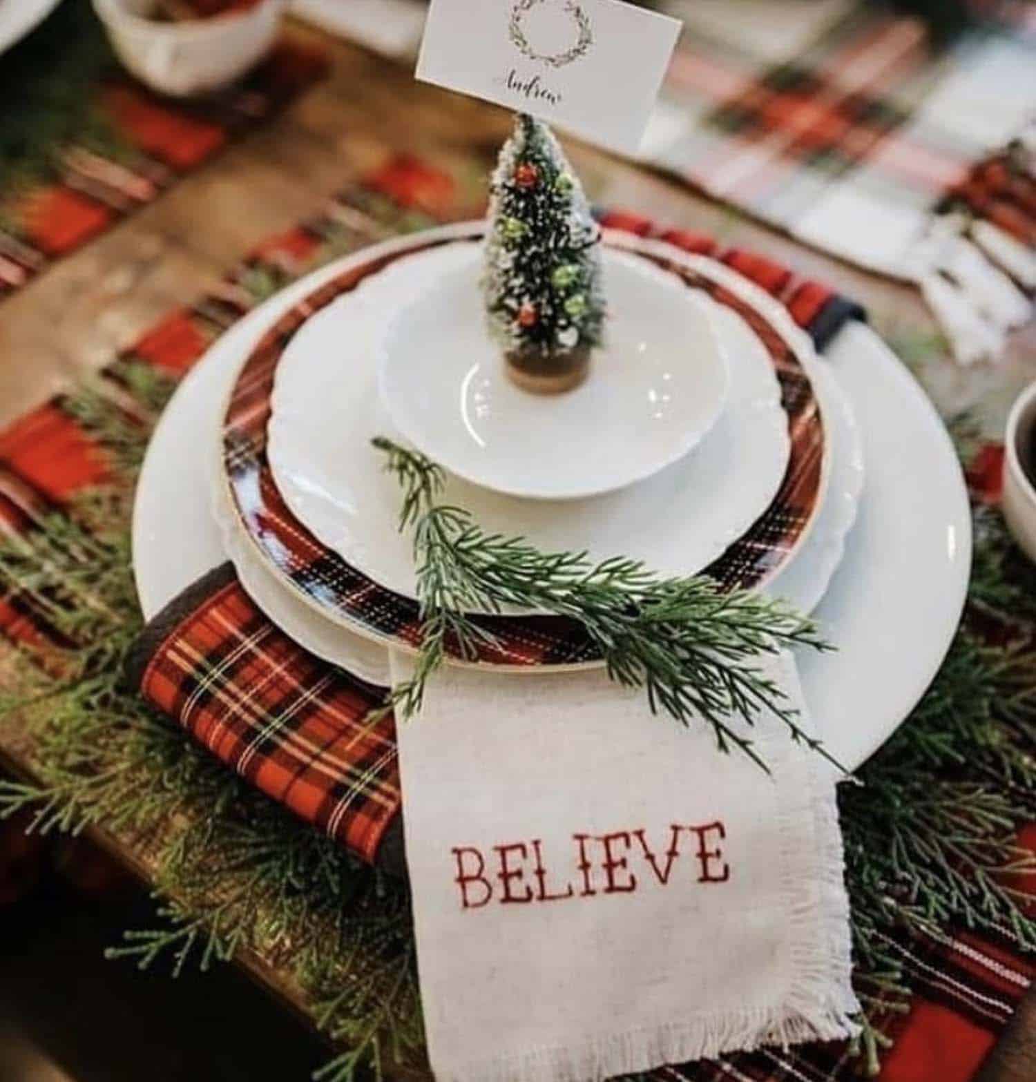 plaid dining table place setting for christmas