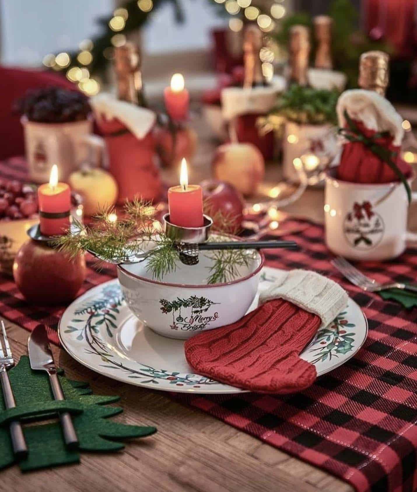 festive red and green dining table decor for Christmas